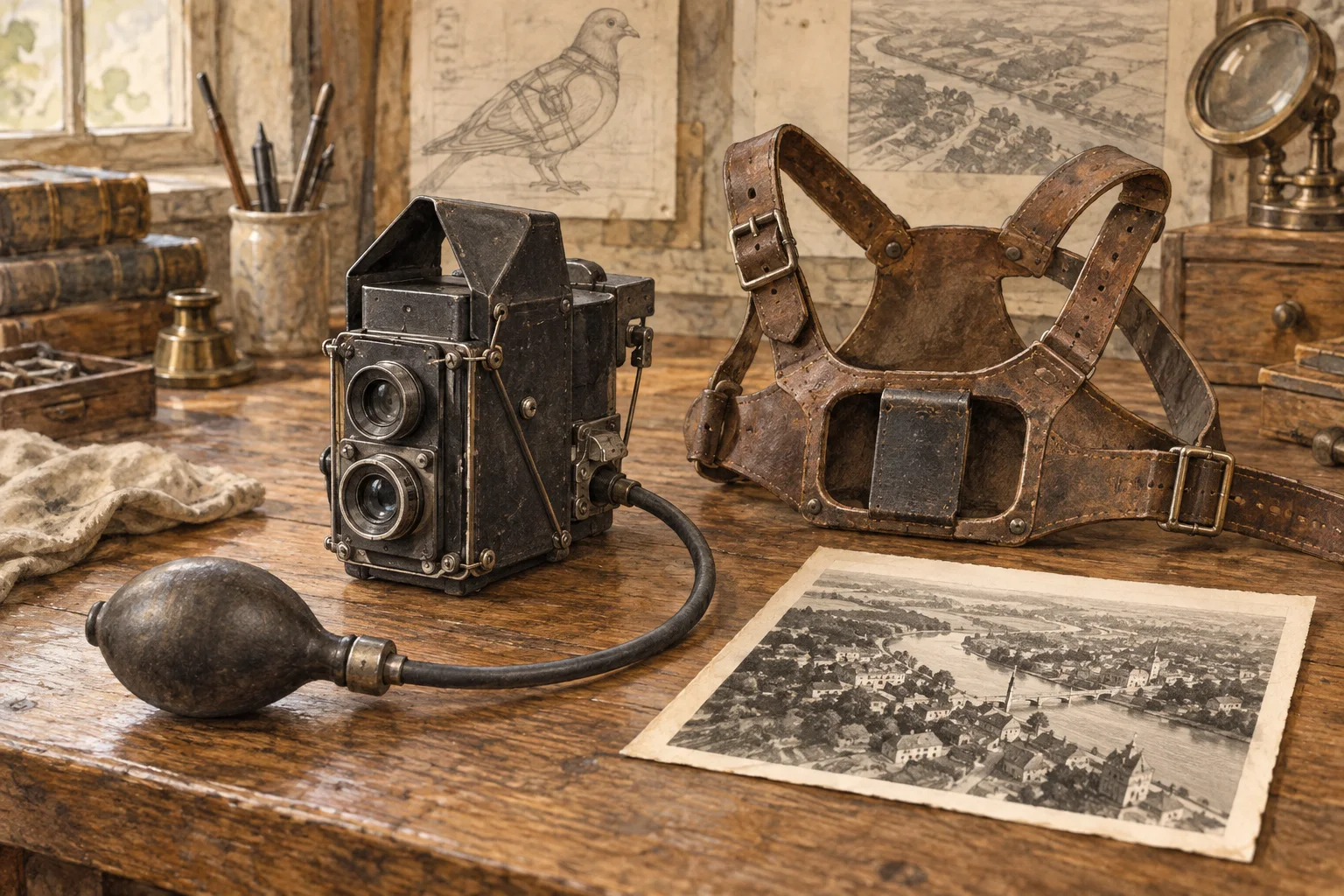 Editorial illustration of a compact early twentieth-century pigeon camera, leather harness and pneumatic timing bulb on a wooden workbench.