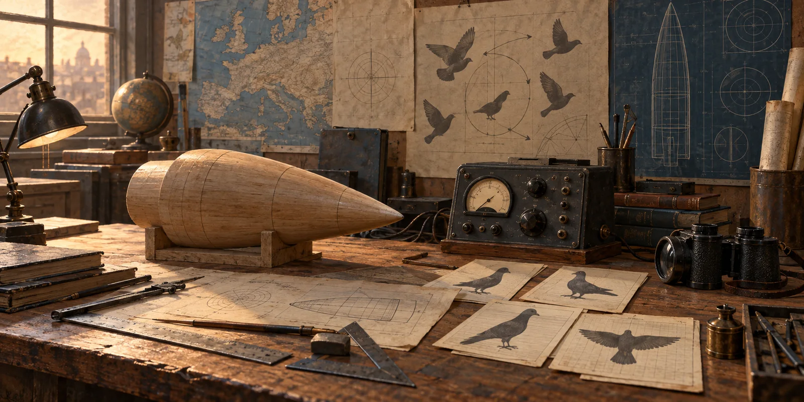 Editorial illustration of a wooden nose-cone model, analog control panel, drafting tools, and pigeon research cards on a 1940s workbench.