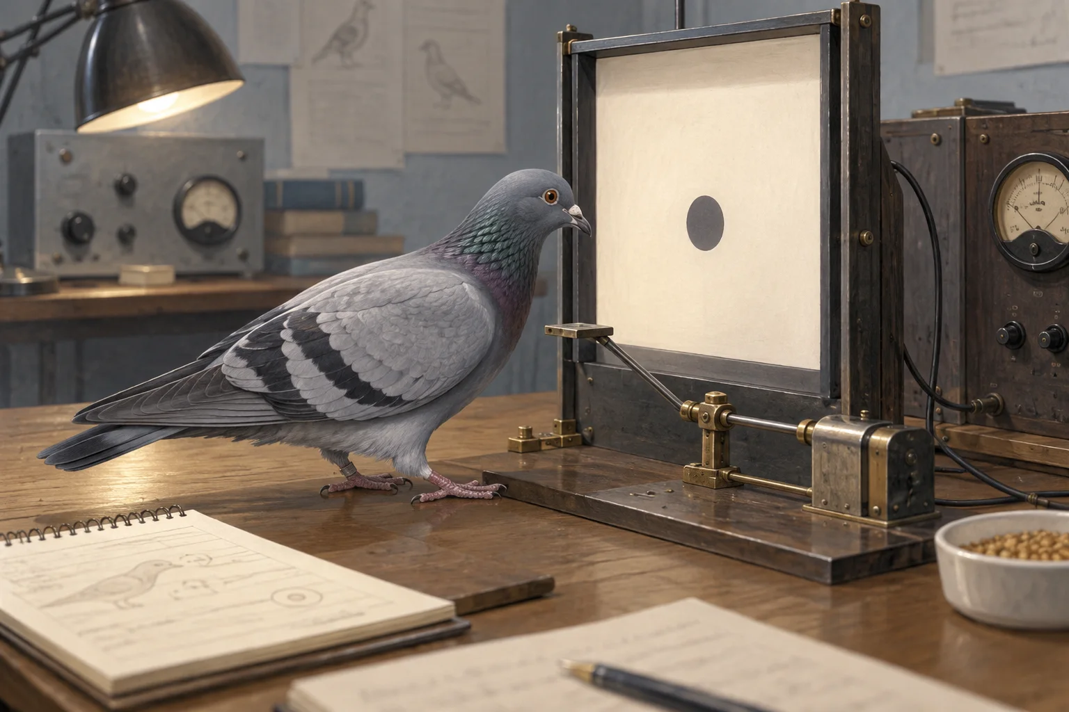 Editorial illustration of a pigeon beside a target screen and analog research equipment on a 1940s laboratory workbench.