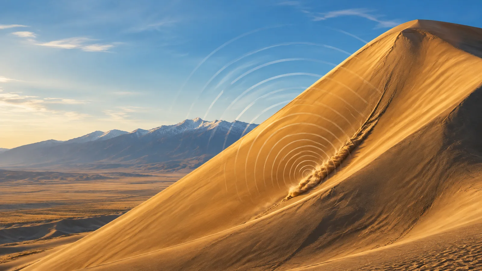 Editorial illustration of a sunlit Colorado dune sending gentle sound waves across a mountain valley.
