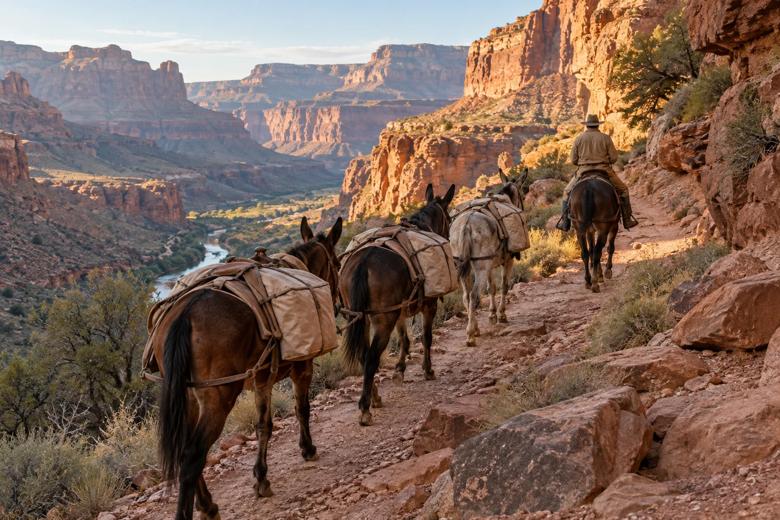 Editorial illustration of a working line of pack mules with plain canvas panniers following a red-rock canyon trail behind a wrangler.