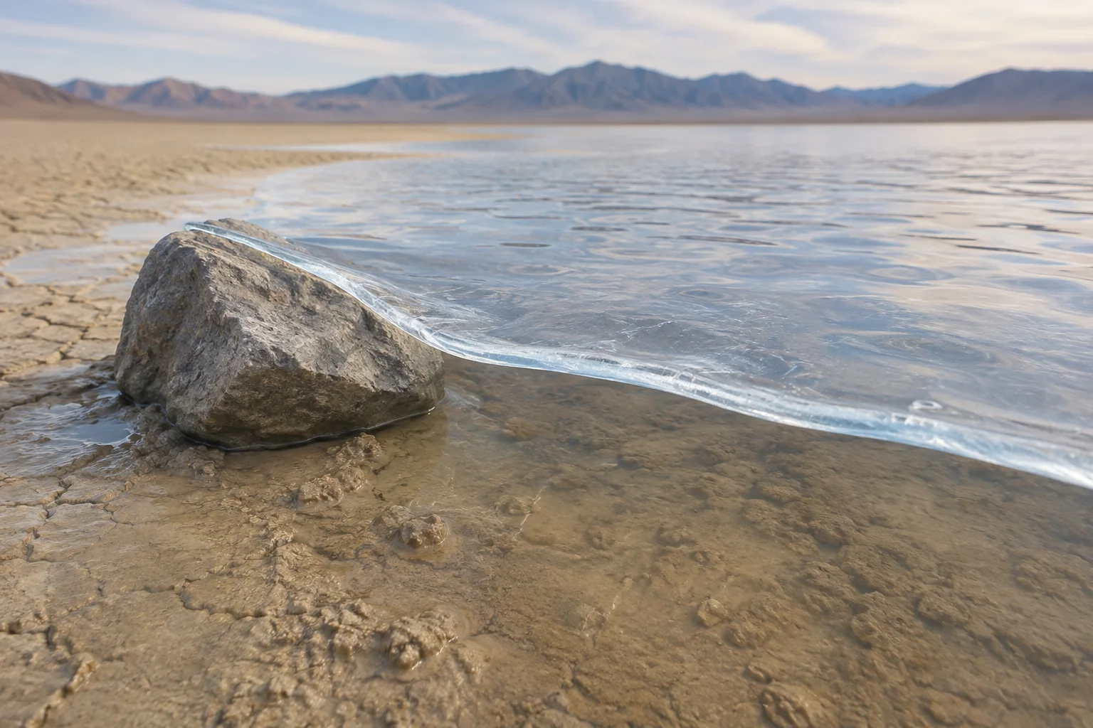 A thin translucent ice panel glides across shallow water and gently guides a gray stone over smooth wet clay.