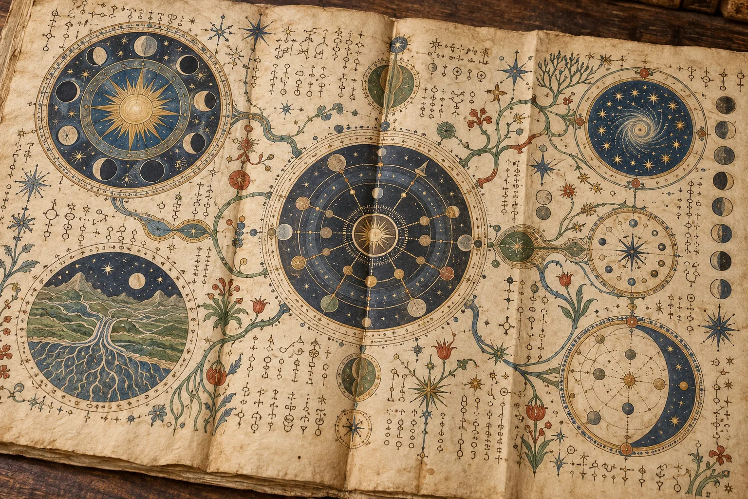 Editorial illustration of a manuscript foldout with circular star diagrams, rings and abstract marks.