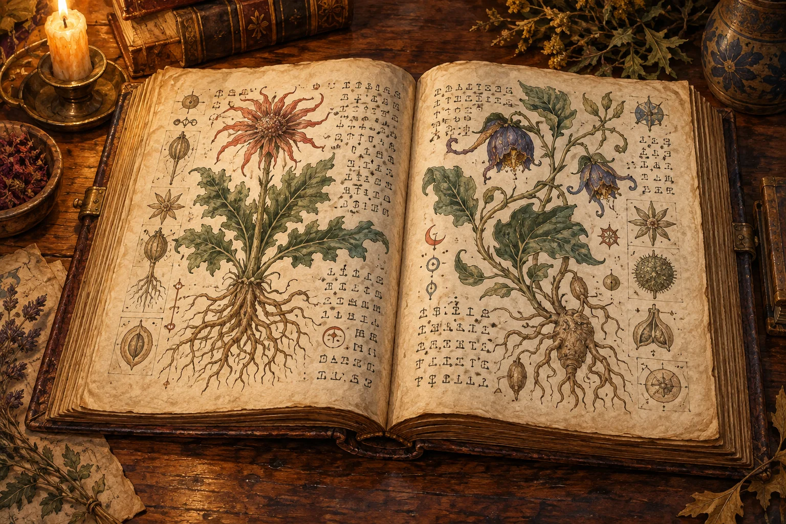 Editorial illustration of an open medieval codex filled with unusual botanical drawings and abstract script.
