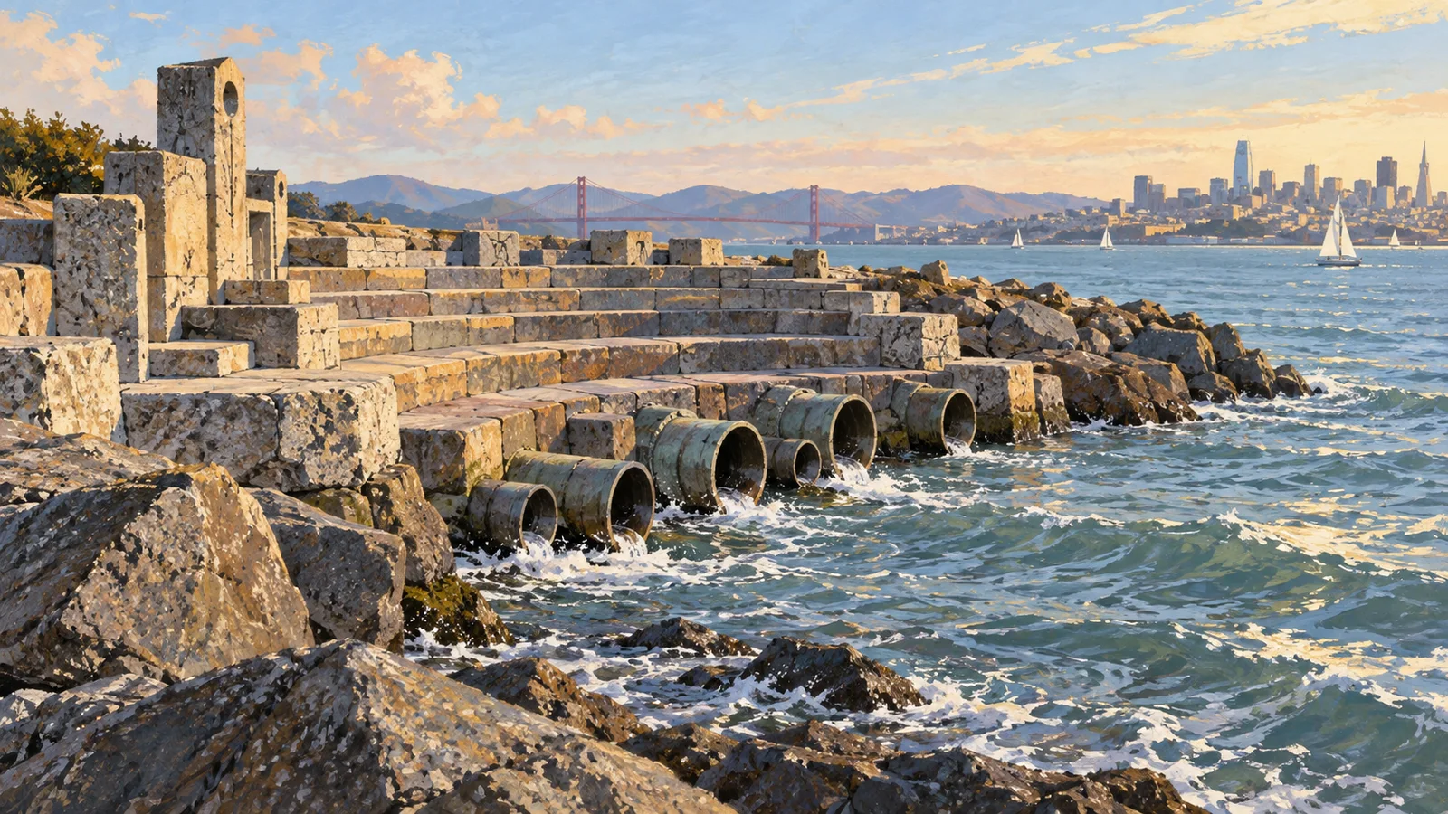 Editorial illustration of San Francisco’s Wave Organ, with stone terraces and pipes along the bay at sunset.