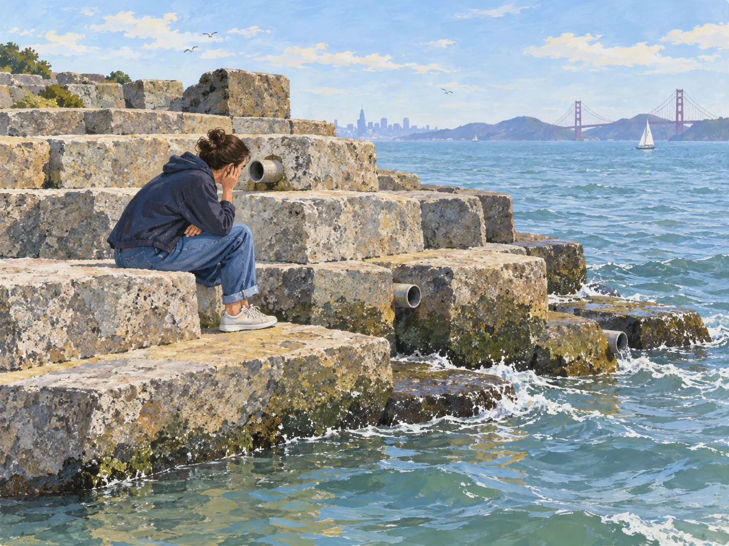 Editorial illustration of a visitor listening beside a pipe at San Francisco’s Wave Organ, with bay water around the stone jetty.