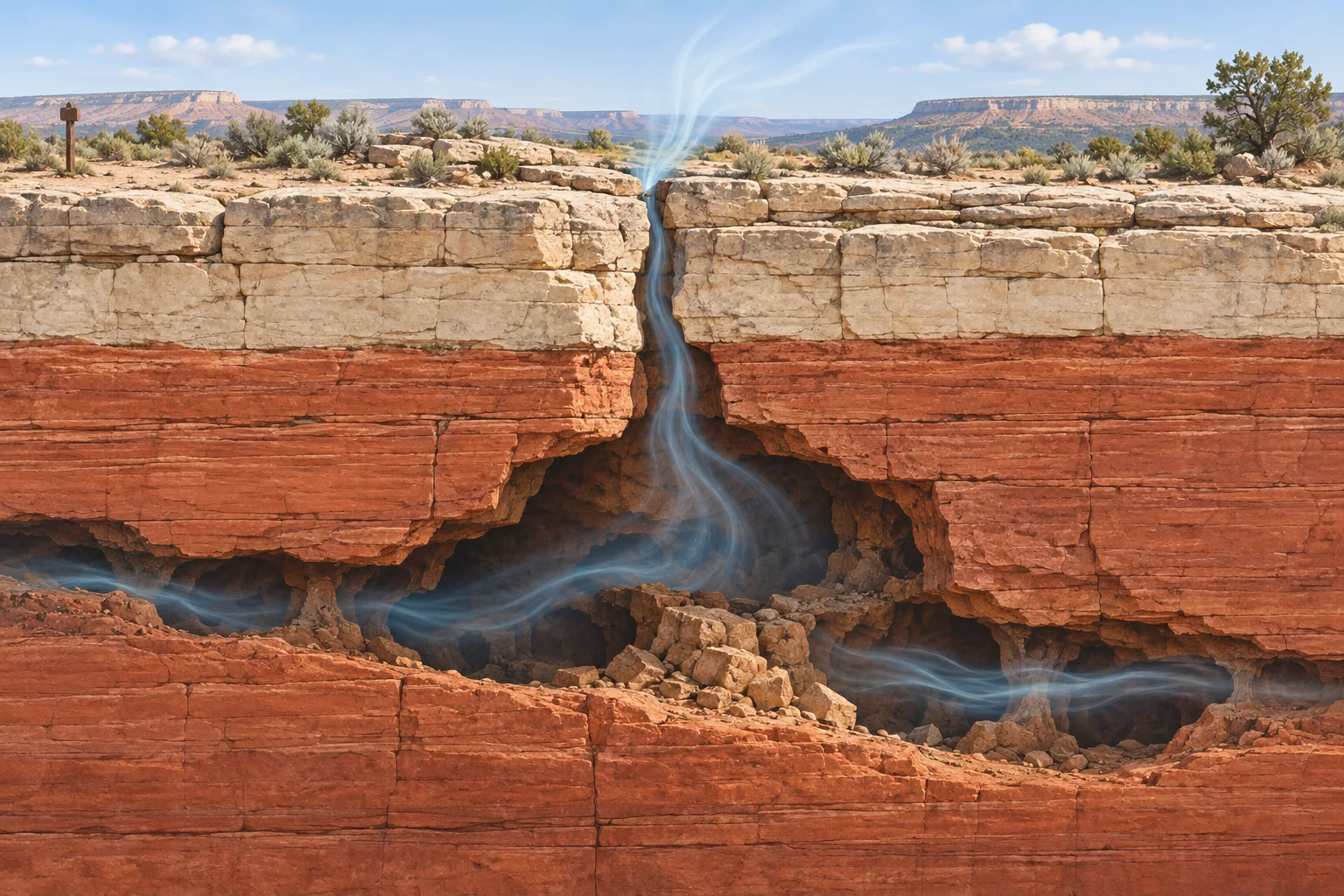 Editorial illustration showing air moving through a narrow desert-rock fracture into a larger underground crack system.