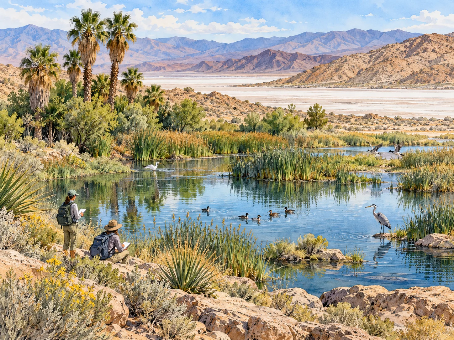 Editorial illustration of students observing waterbirds beside a spring-fed pond in the Mojave Desert