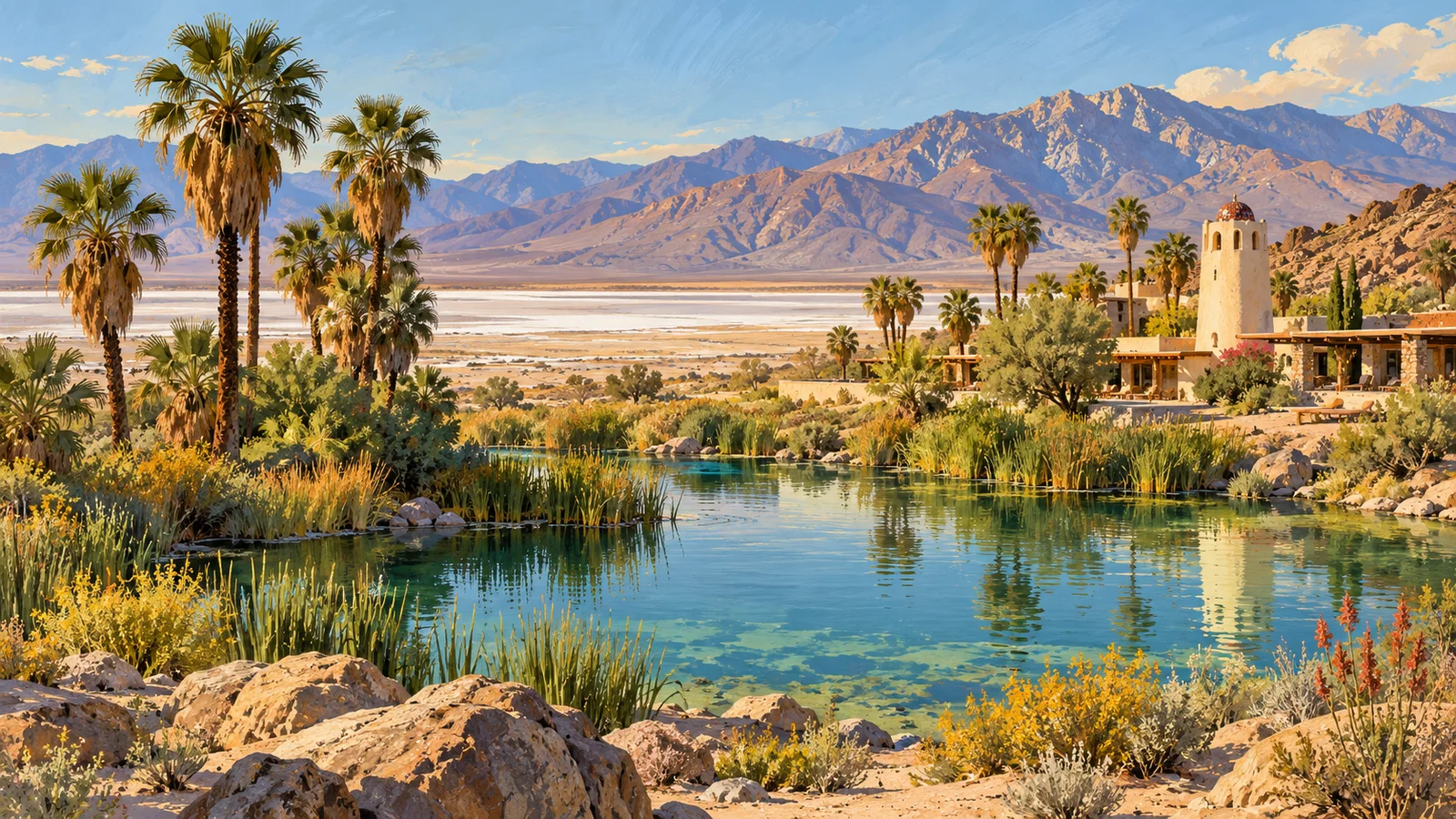 Editorial illustration of a spring-fed pond, palms and a small desert resort beside the Mojave salt flats
