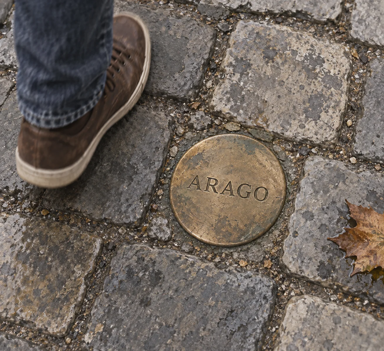 Editorial illustration showing the engraved ARAGO name on a bronze pavement medallion