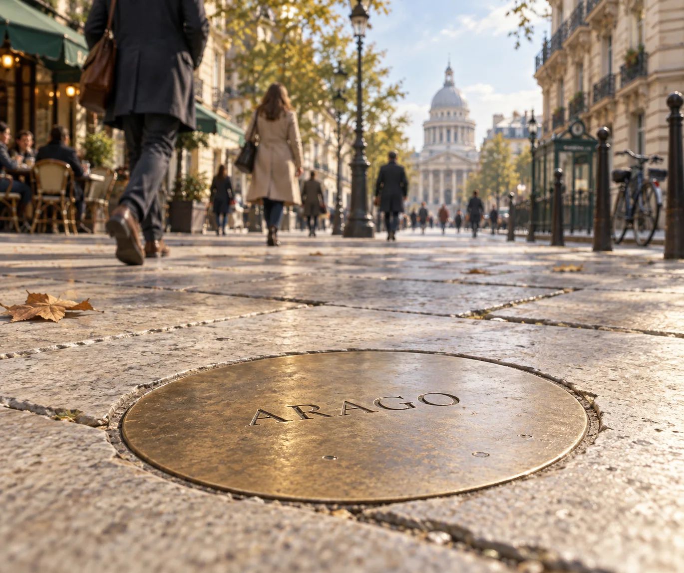Editorial illustration of an Arago bronze medallion set into a Paris sidewalk