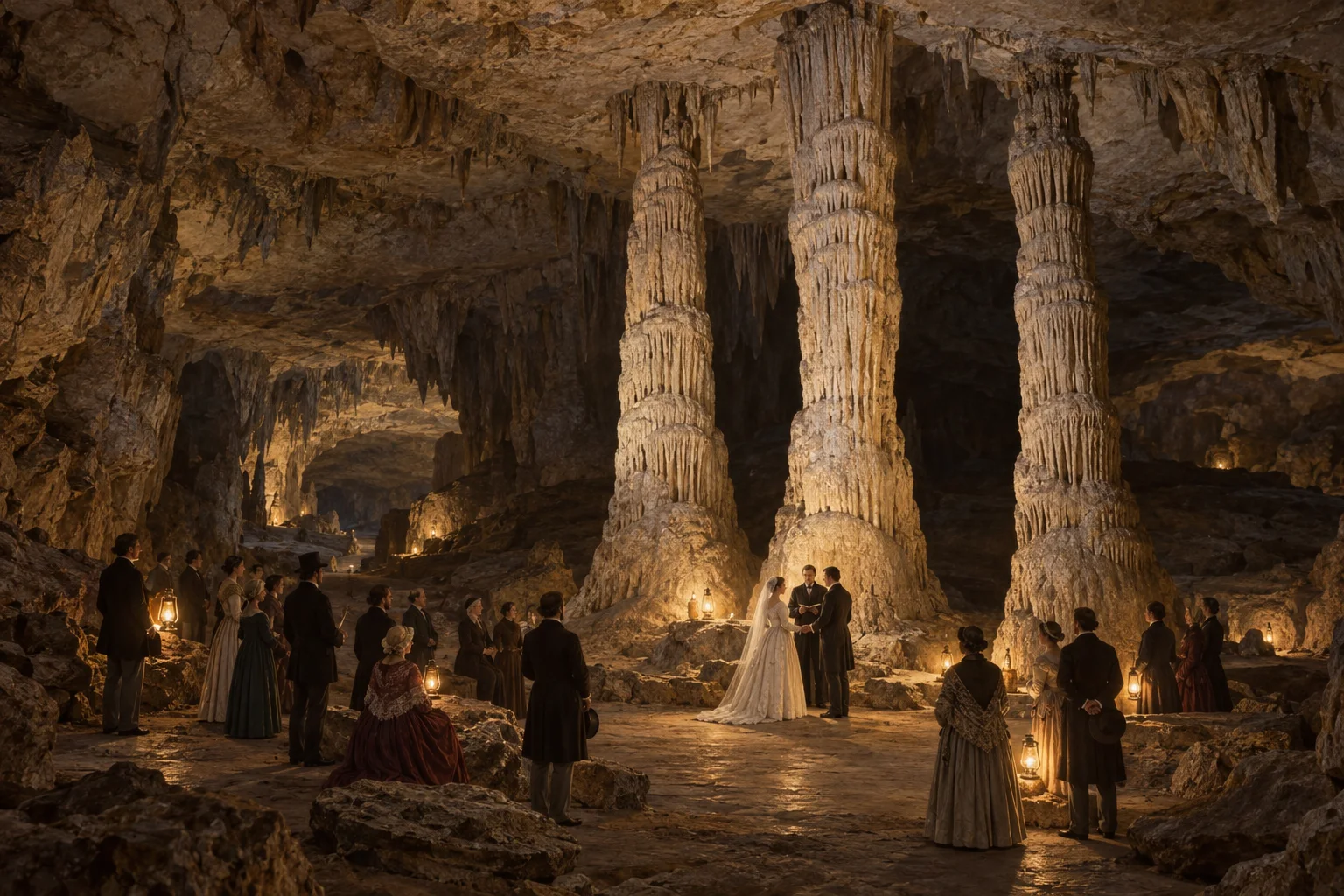 A small nineteenth-century wedding gathering stands beside tall limestone dripstone columns in a lantern-lit cave chamber.
