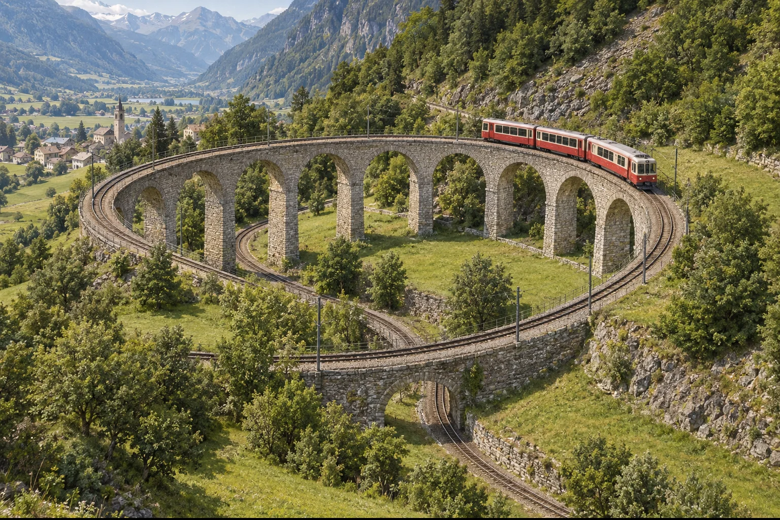 Editorial illustration of a red-and-cream train climbing the curved stone arches of the Brusio viaduct and crossing above its lower track.
