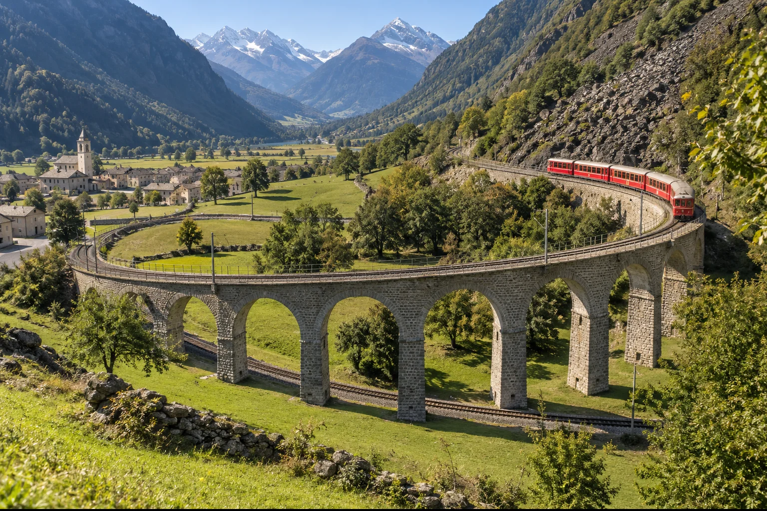 Editorial illustration of the red-and-cream Bernina train curving around the nine-arched Brusio viaduct in a green alpine valley.