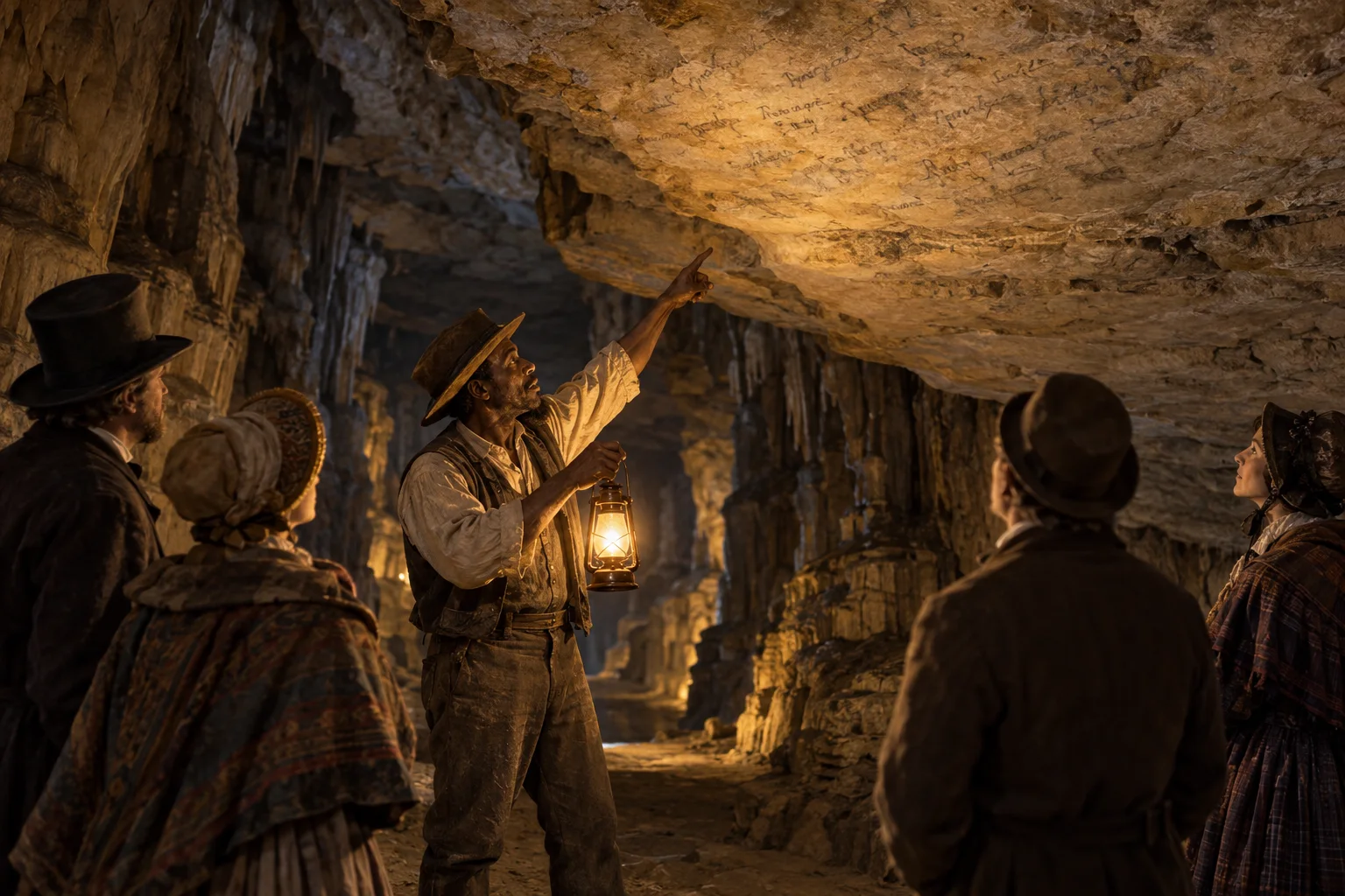 A nineteenth-century cave guide holds a lantern and points toward historic markings on a limestone ceiling while visitors watch.