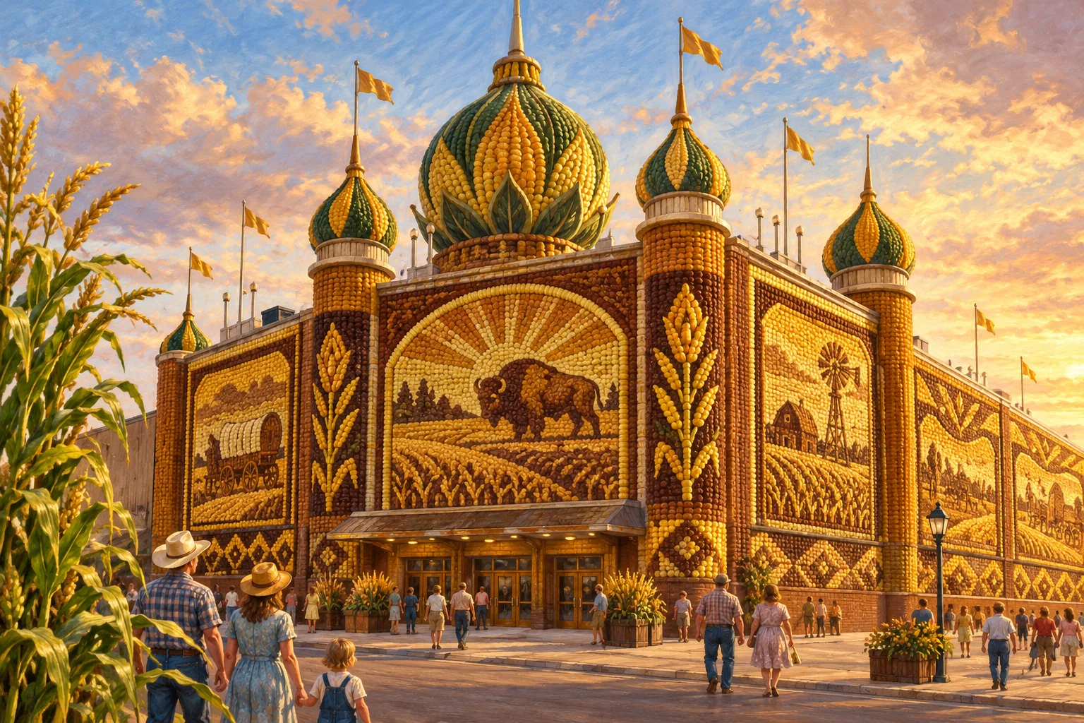A prairie folk-art hall in Mitchell with domes and towers covered in intricate corn-kernel murals