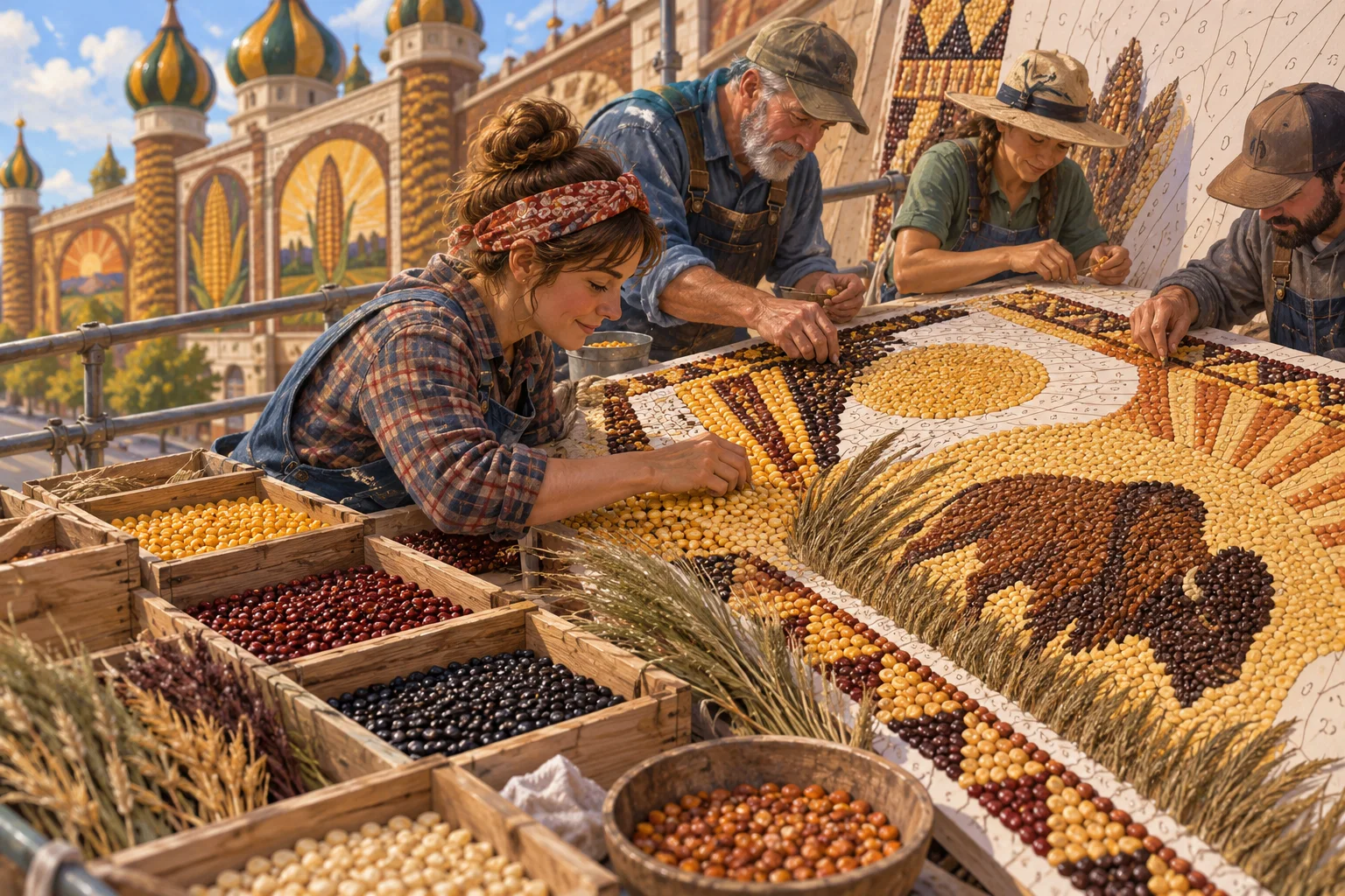 Workers arrange colored corn kernels and native grasses into a large mural panel for a prairie folk-art building