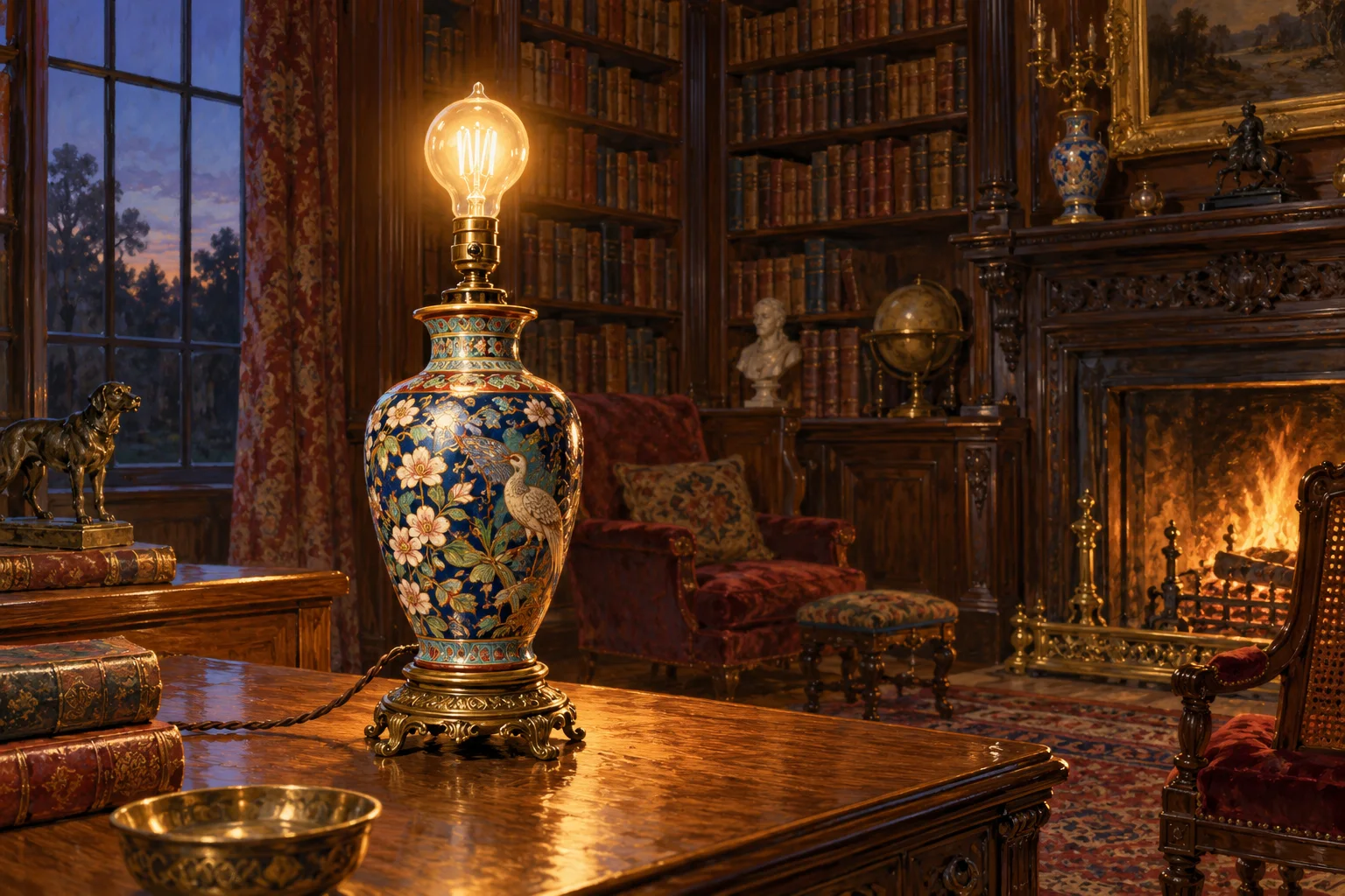 Editorial illustration of an early incandescent bulb glowing atop a decorated cloisonné vase in a Victorian library.