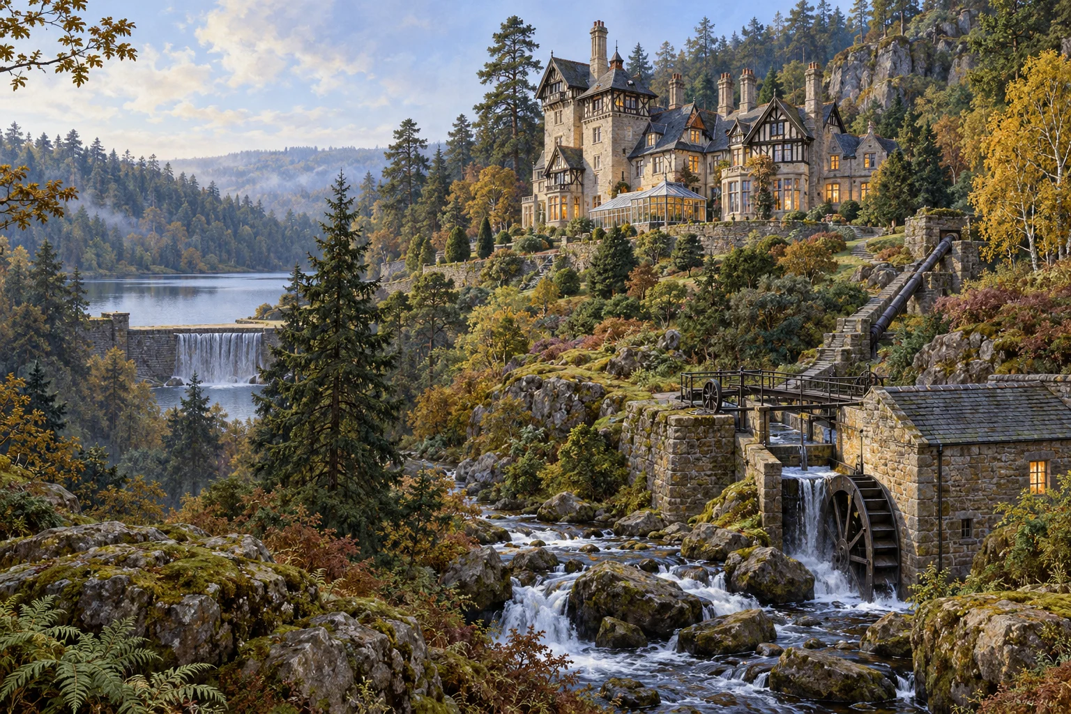 Editorial illustration of Cragside House above a Northumberland stream, wooded slopes and waterworks.