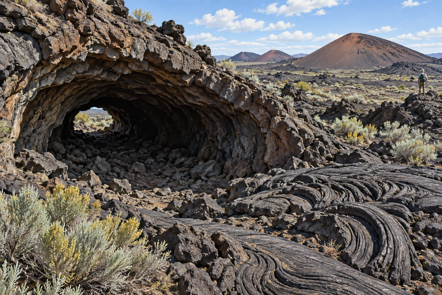 A lava tube opening and ropy basalt among Idaho cinder cones, shown in editorial illustration.