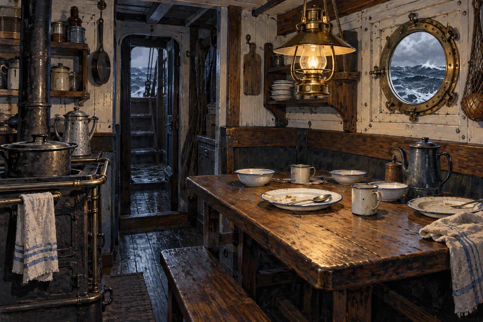 Editorial illustration of a 1920s schooner galley with a meal set on a wooden table beside a brass lamp