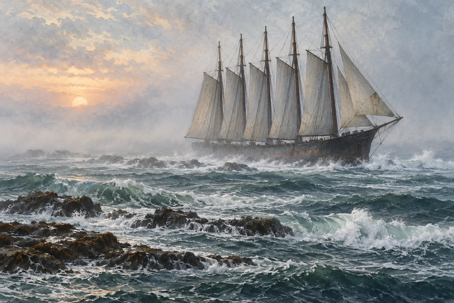 Editorial illustration of the five-masted Carroll A. Deering grounded in Atlantic surf near Diamond Shoals at dawn