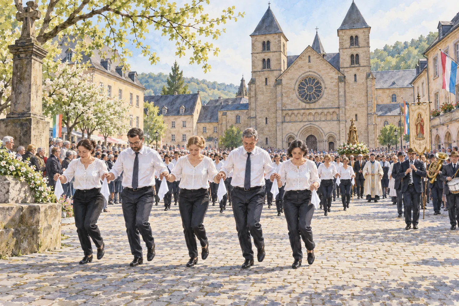 Rows of pilgrims hop through Echternach’s abbey square during the annual procession, with musicians and the basilica behind them