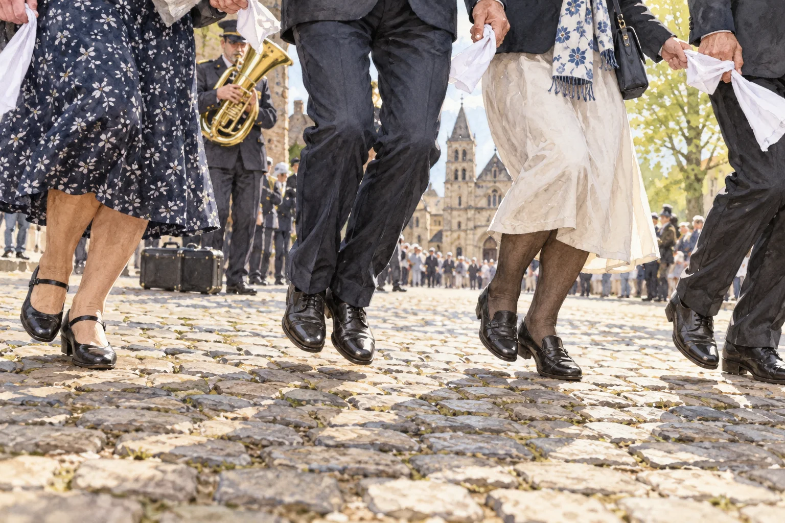 Pilgrims perform the Echternach procession’s small side-to-side hops across the old town cobblestones, linked by white handkerchiefs