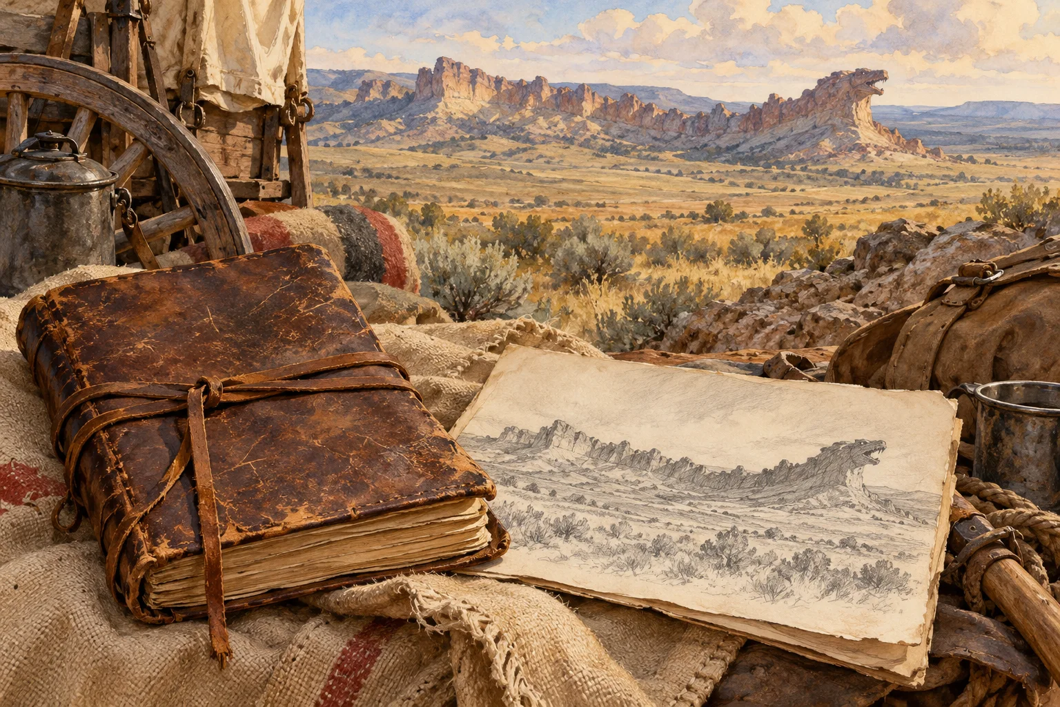 Editorial illustration of a weathered trail journal beside a pencil sketch of a jagged Wyoming ridge