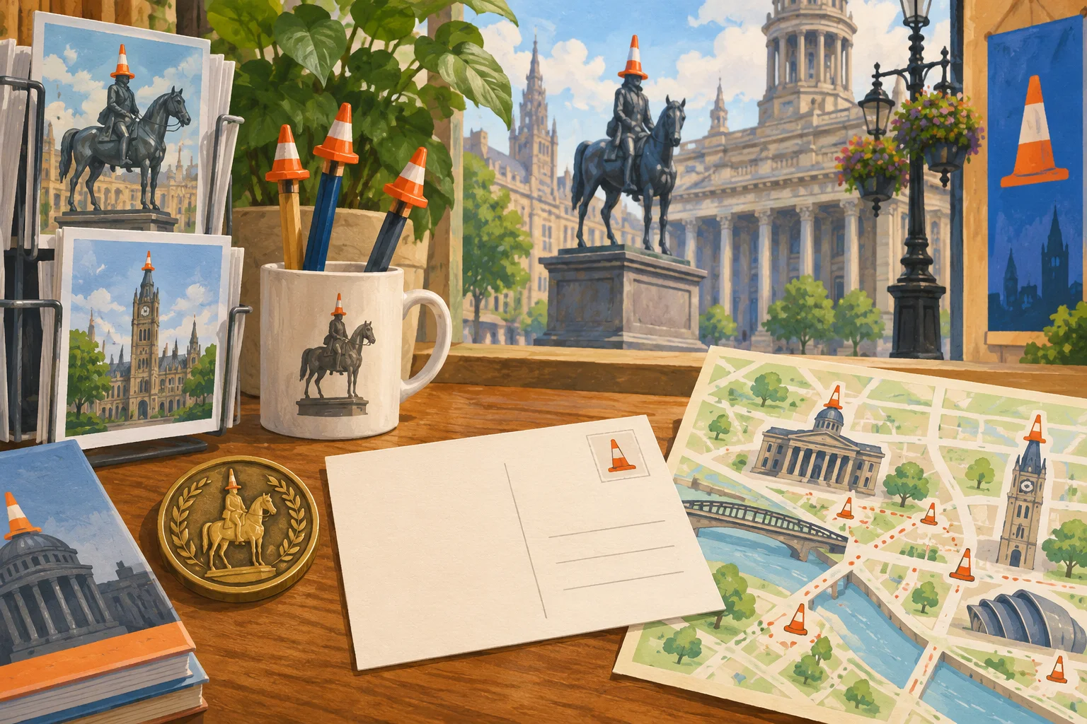 Editorial illustration of a Glasgow visitor-centre table with a cone-themed postcard, medallion, and city map.