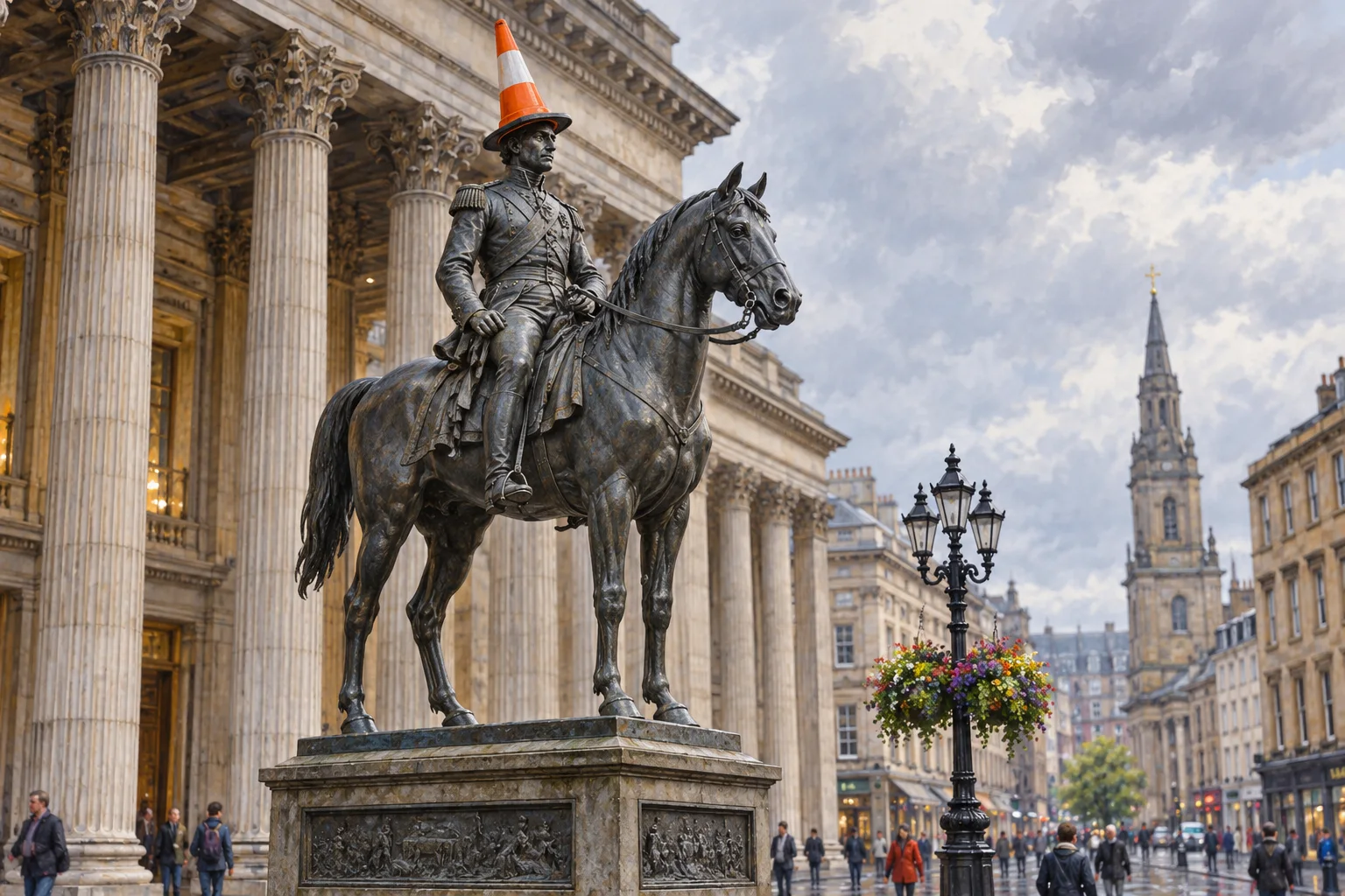 Editorial illustration of Glasgow’s Duke of Wellington statue wearing a bright orange traffic cone outside a neoclassical gallery.