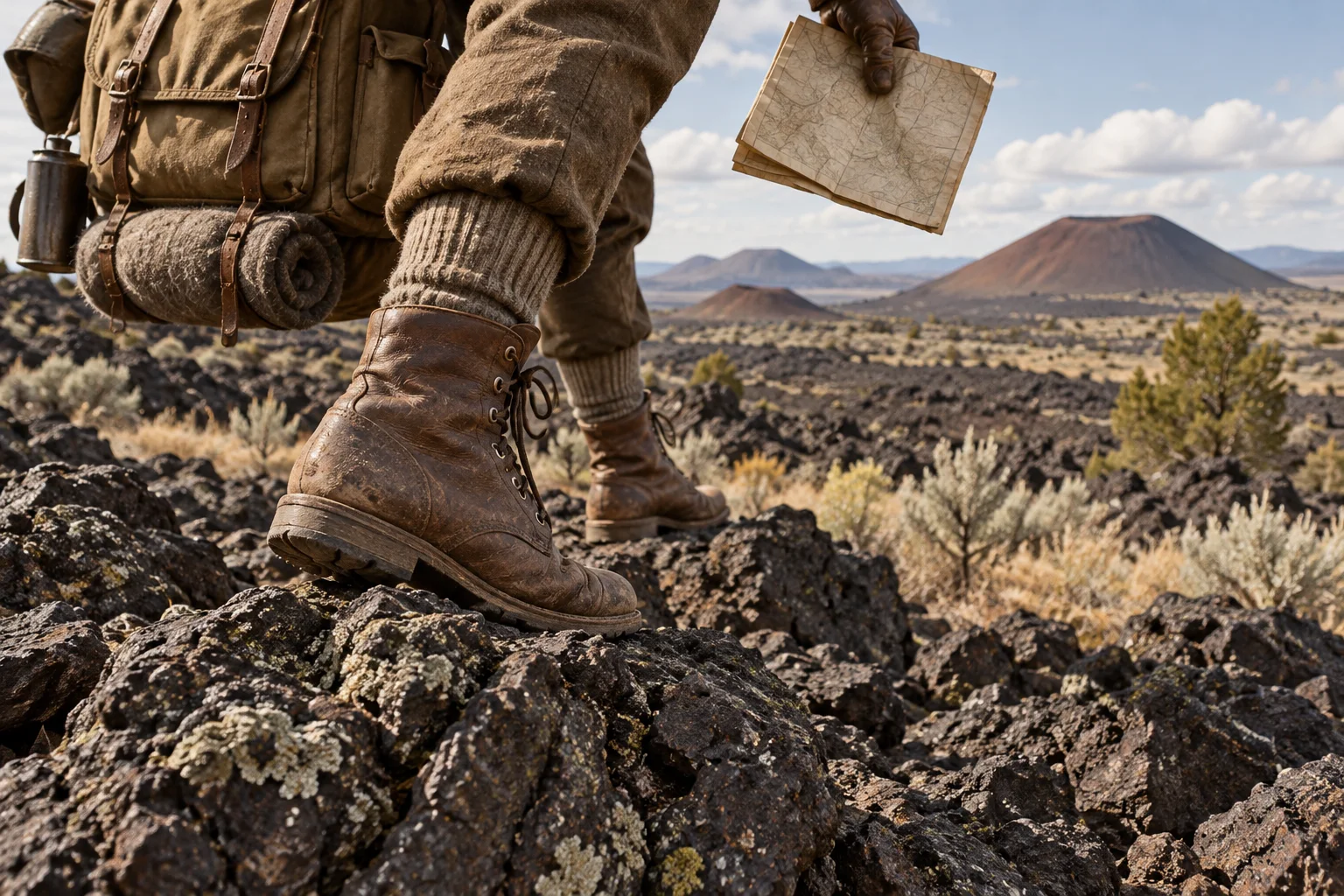 Early-1920s hiking boots, a field pack and a map beside rough basalt, in editorial illustration.
