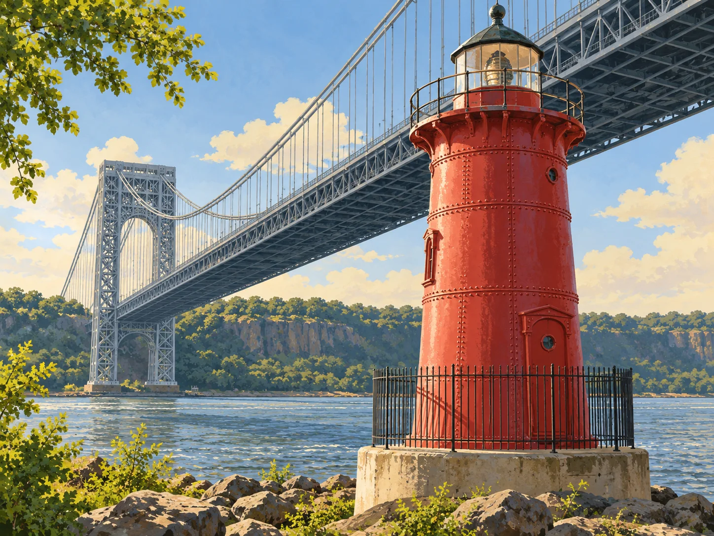 Editorial illustration of the red lighthouse’s riveted iron tower and lantern beneath the George Washington Bridge