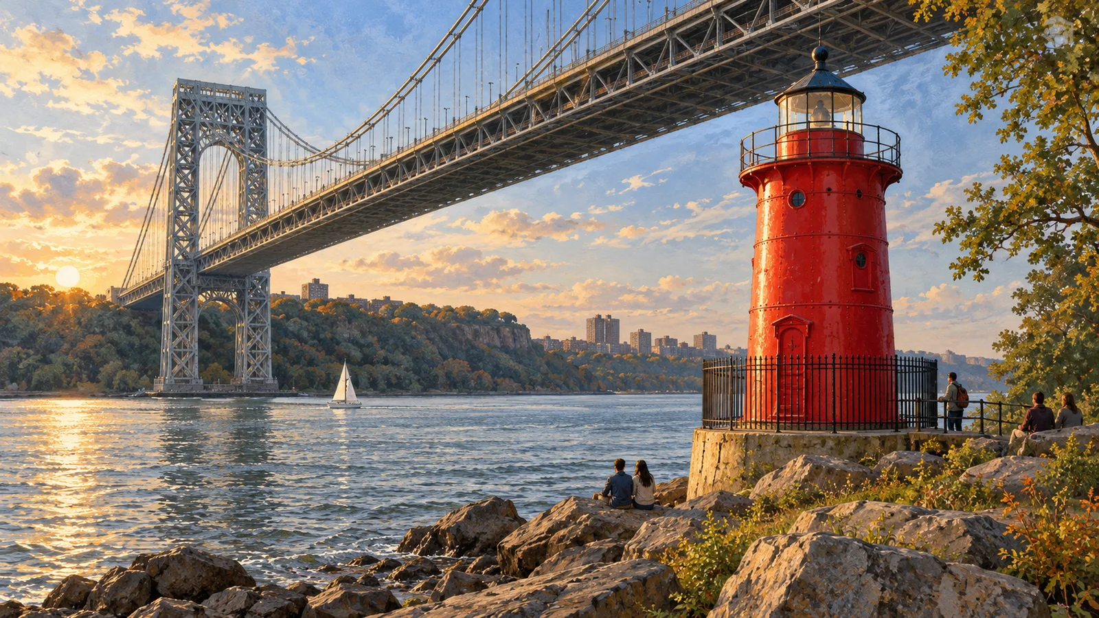 Editorial illustration of Manhattan’s Little Red Lighthouse beneath the George Washington Bridge beside the Hudson River