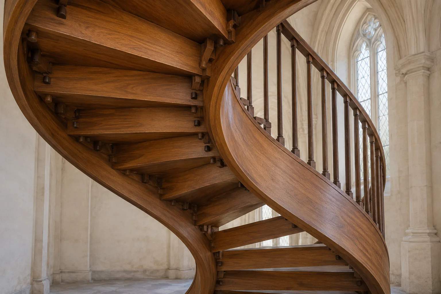 Editorial illustration of wooden stair treads, a curved stringer and peg joinery on a spiral staircase