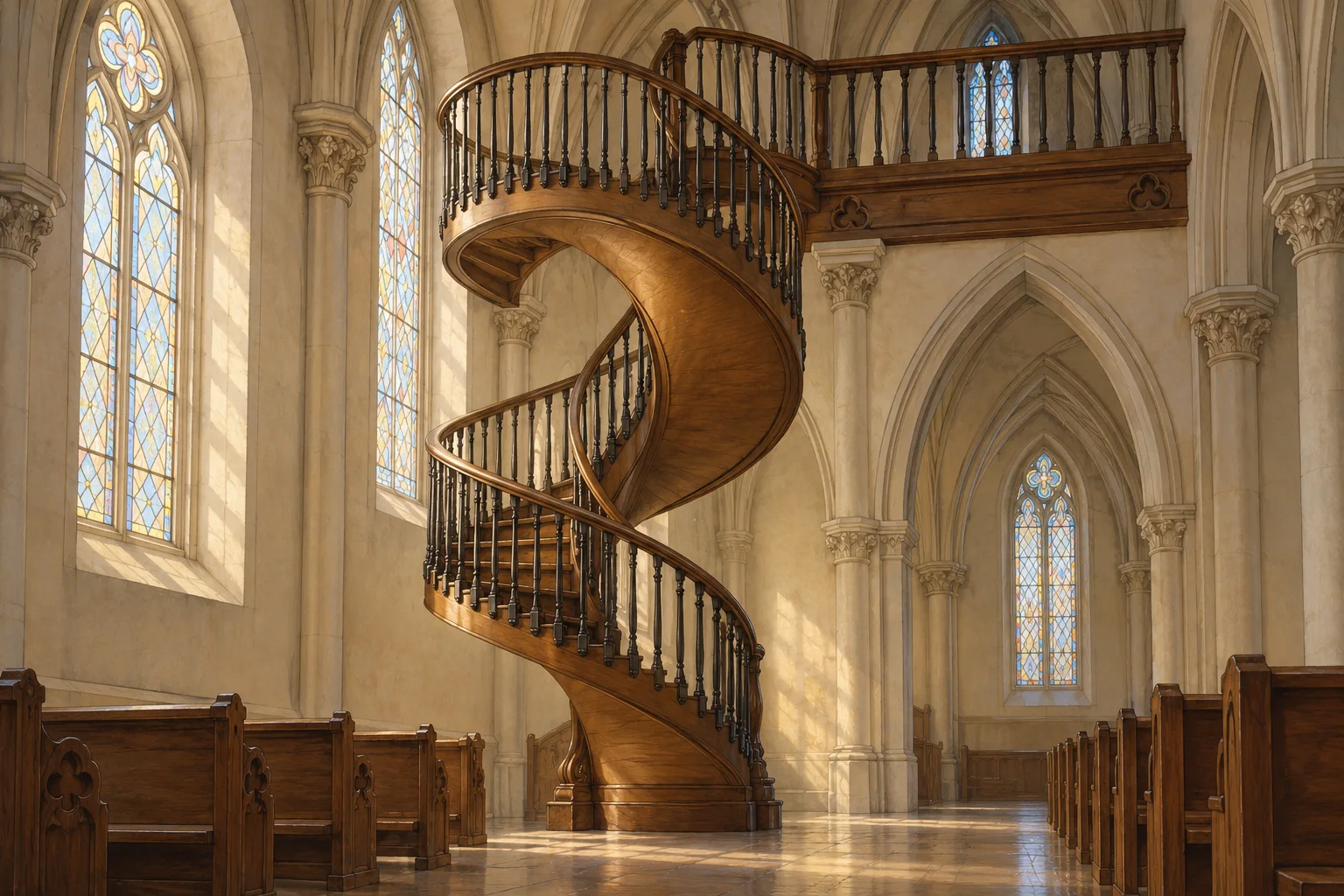Editorial illustration inspired by Loretto Chapel, showing a wooden spiral staircase rising toward a choir loft in a Gothic Revival interior