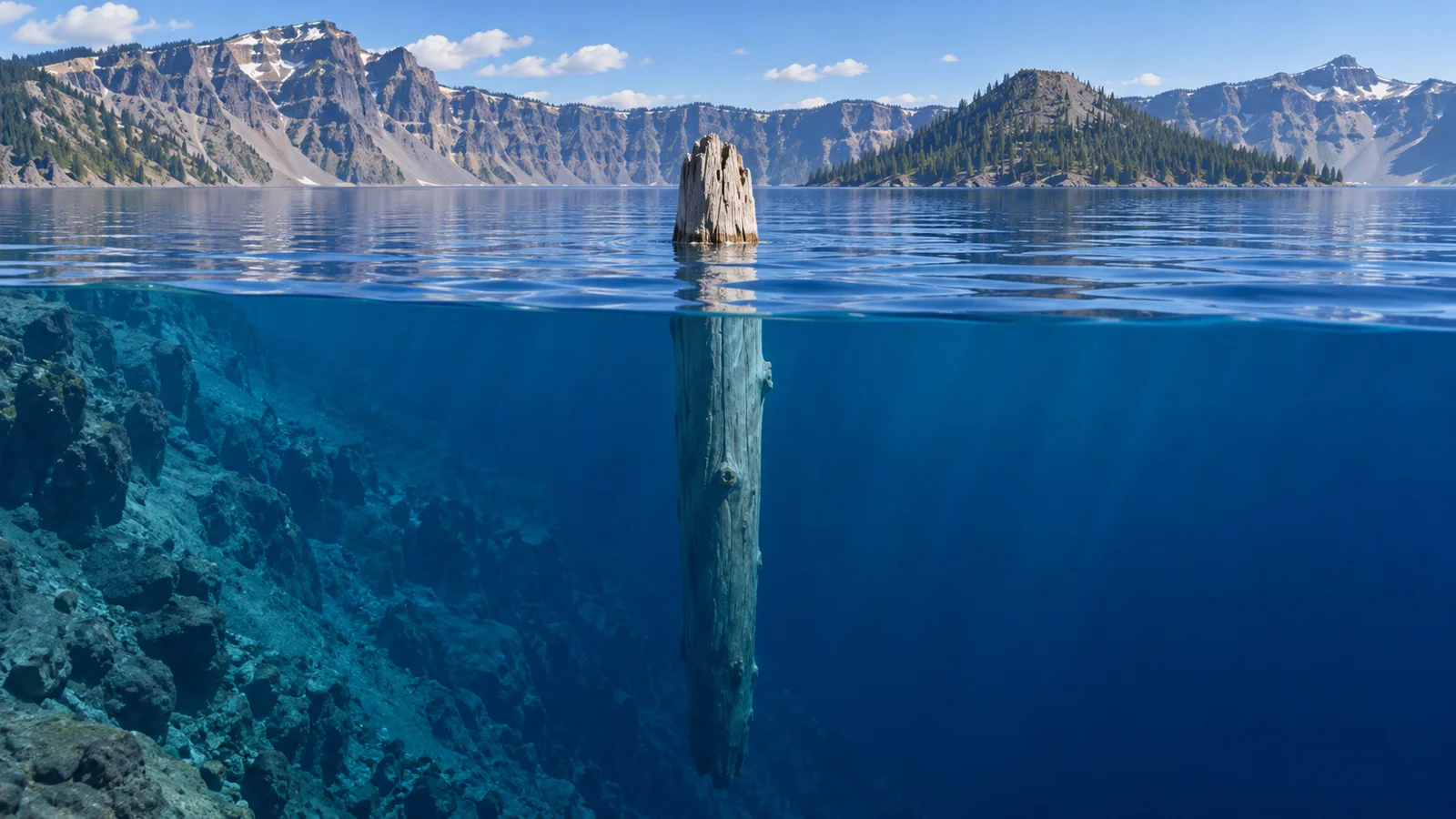 Editorial illustration of the Old Man, a weathered hemlock log floating upright in Crater Lake’s clear blue water.
