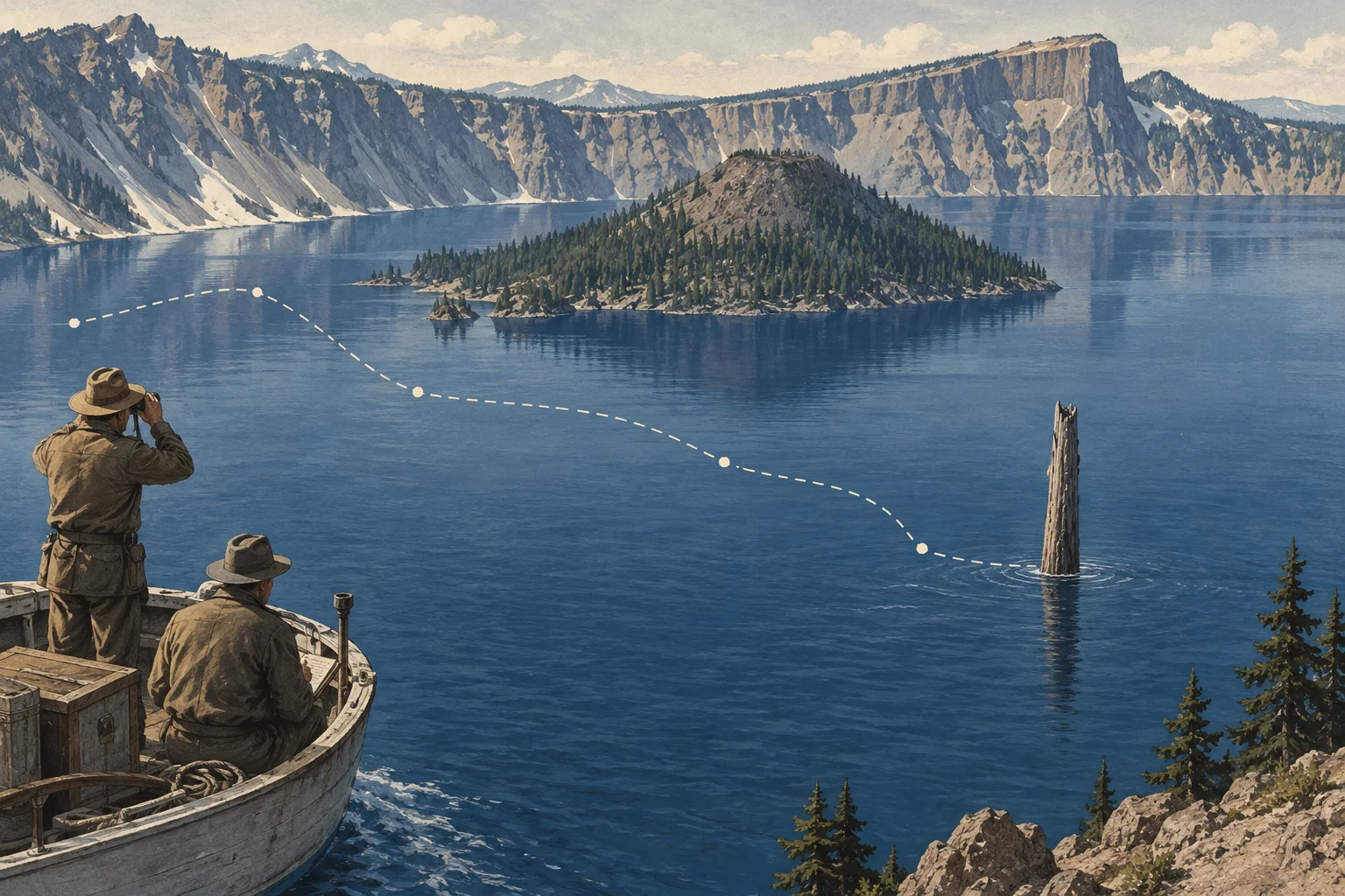 Editorial illustration of a 1930s survey boat observing the Old Man of Crater Lake, with a dotted route marking recorded positions.