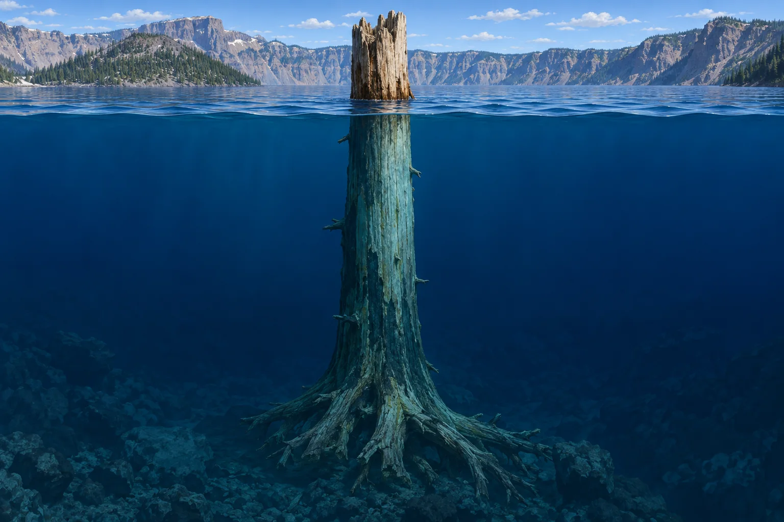 Editorial cutaway showing most of the Old Man of Crater Lake extending beneath the water while its weathered crown remains above the surface.