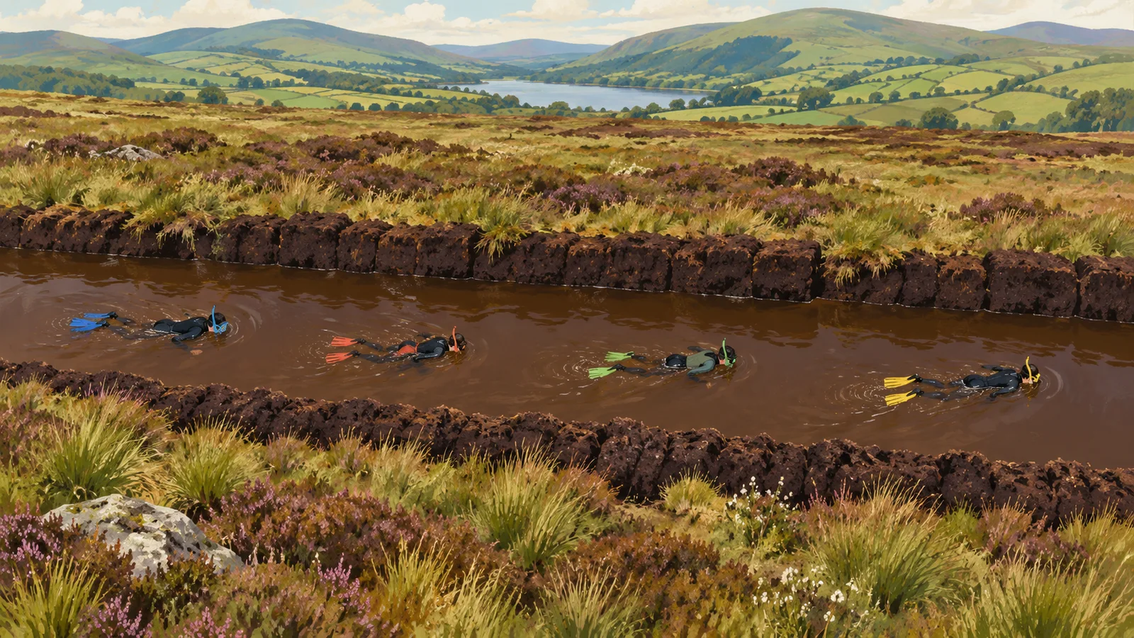 Editorial illustration showing snorkellers moving along a water-filled trench across a Welsh peat bog