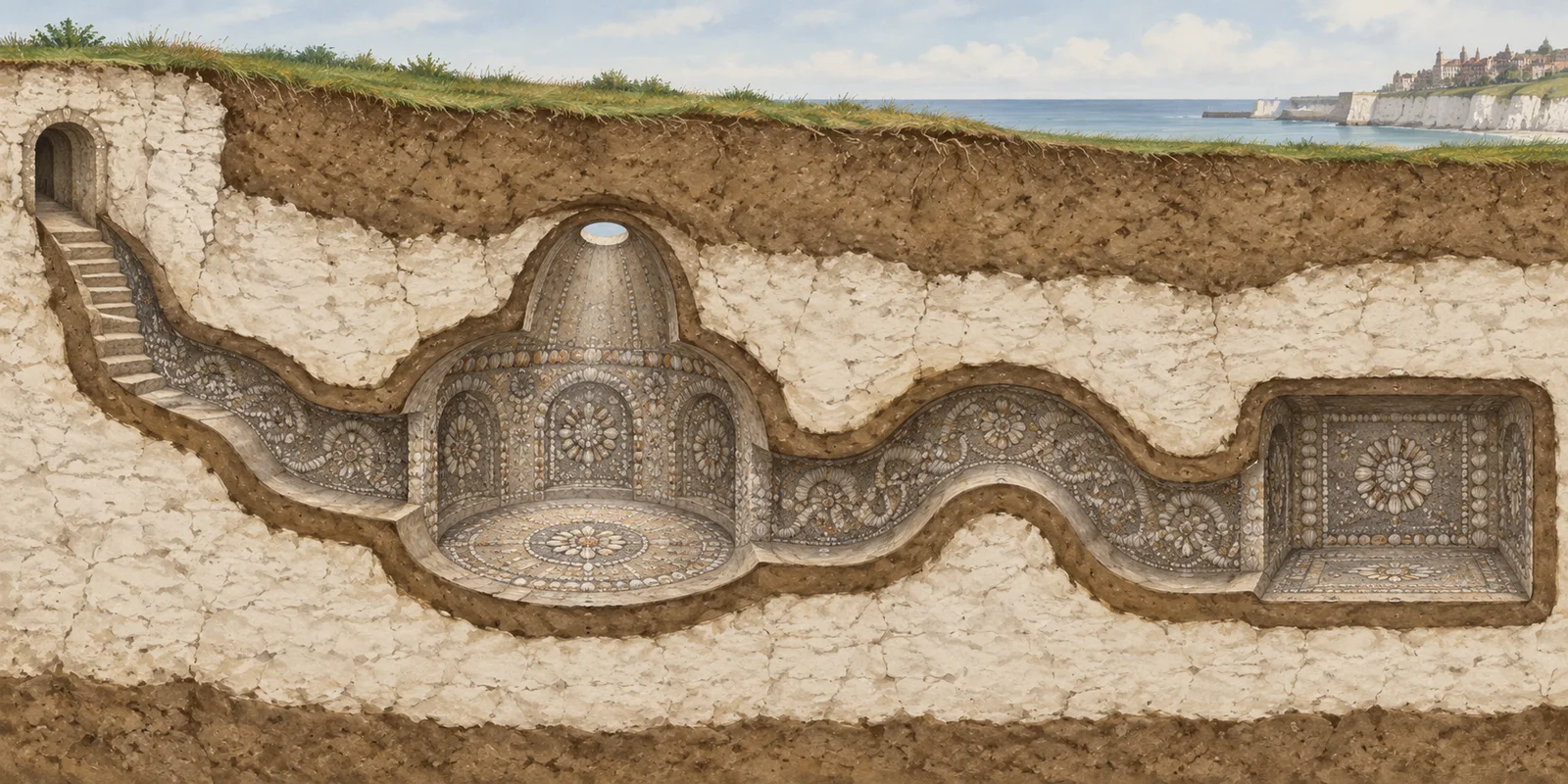 Editorial illustration of a schematic underground grotto with a curving entrance, circular chamber, central shaft, winding passage and end room
