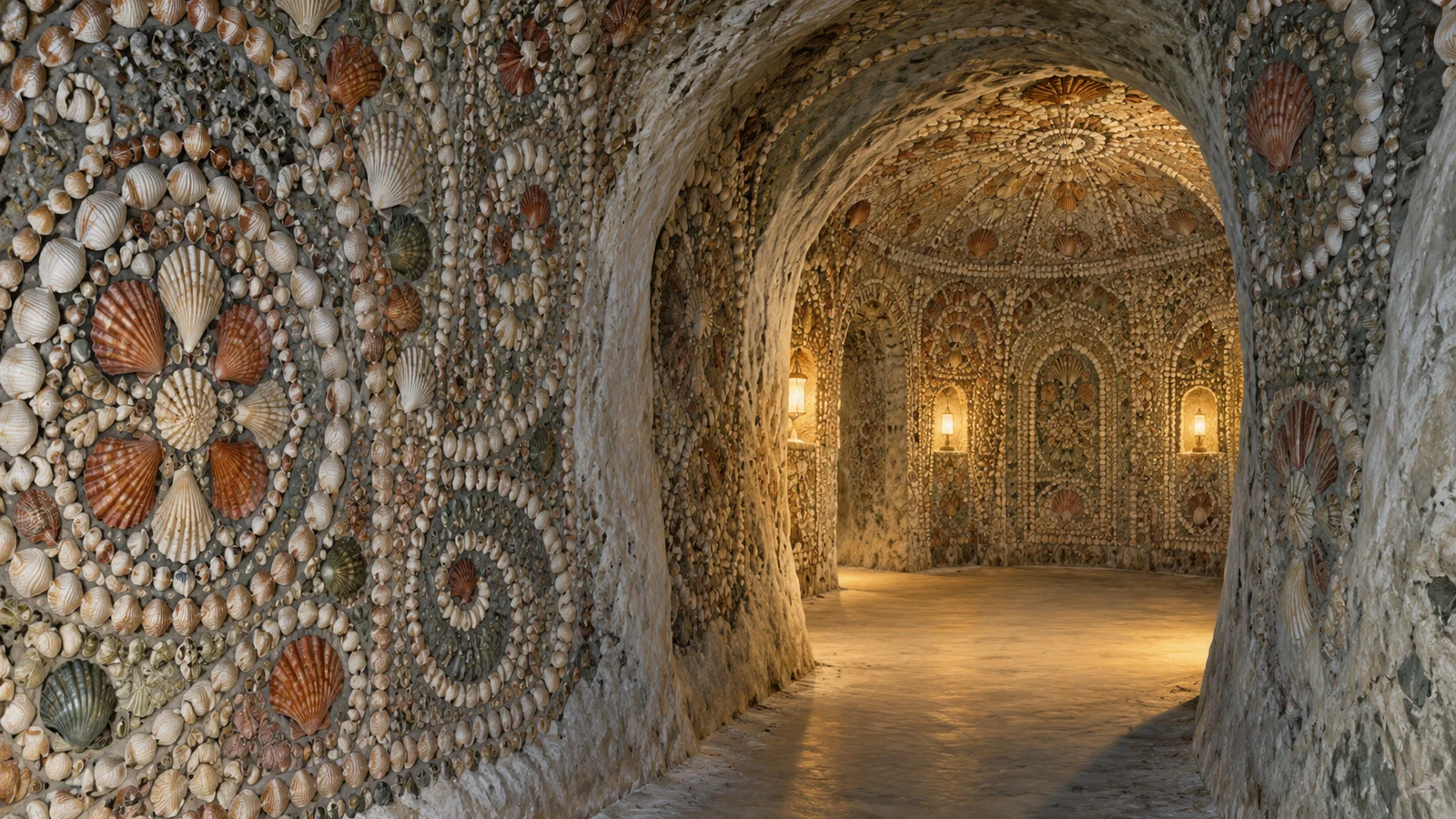Editorial illustration of a winding chalk passage and chamber covered in colorful seashell mosaics