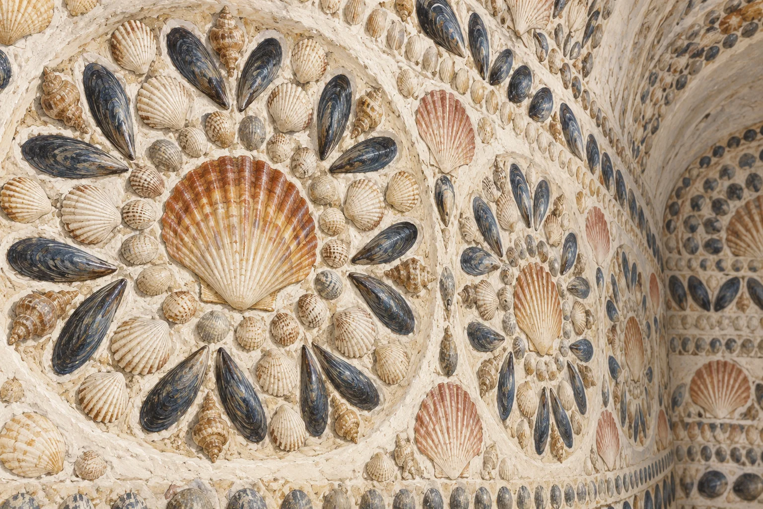 Editorial illustration of mussel, cockle and scallop shells arranged in repeating mosaic patterns on pale chalk