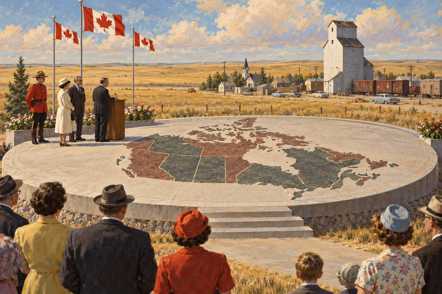 Editorial illustration of St. Paul’s raised oval UFO landing pad at its 1967 opening, with townspeople and prairie fields beyond.