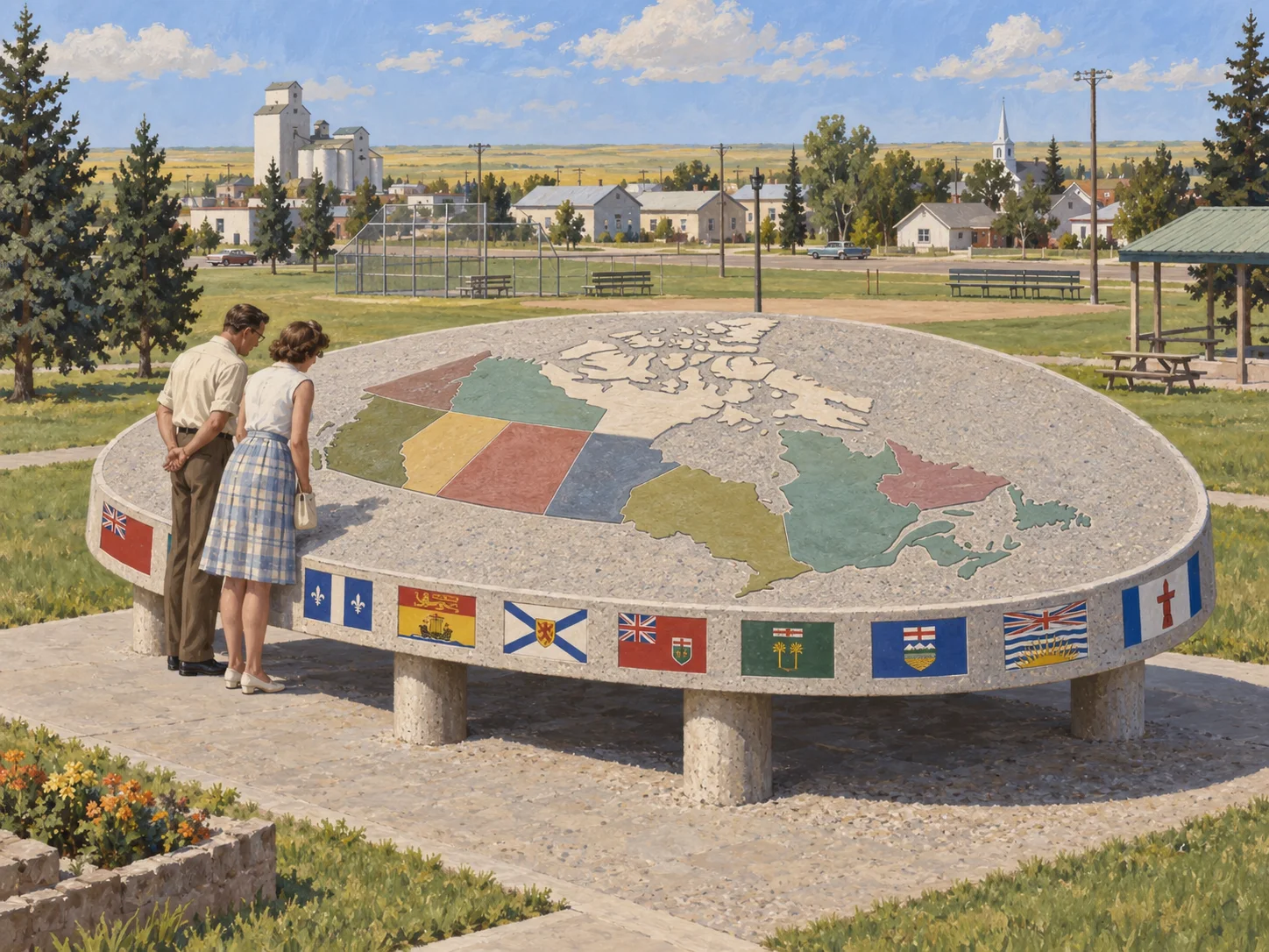 Editorial illustration of visitors studying a map of Canada inset into St. Paul’s raised UFO landing pad.