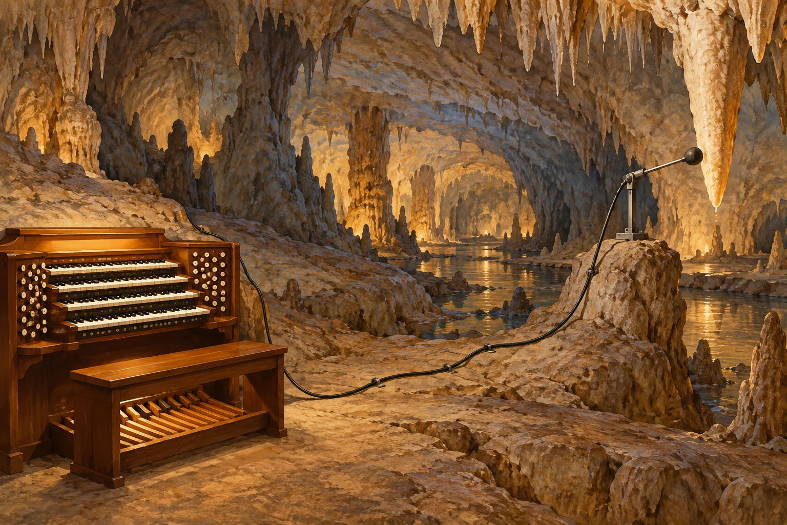 Editorial illustration tracing a keyboard signal to a rubber-tipped striker and a sounding stalactite