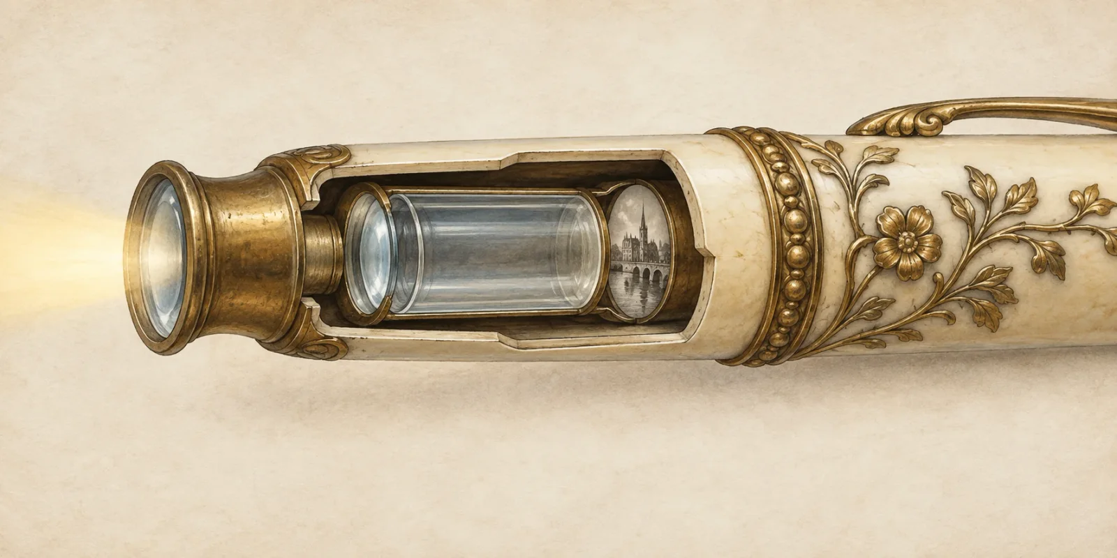 Editorial illustration of a cutaway Stanhope viewer inside an ornate pen handle, showing a glass lens and a tiny image at one end