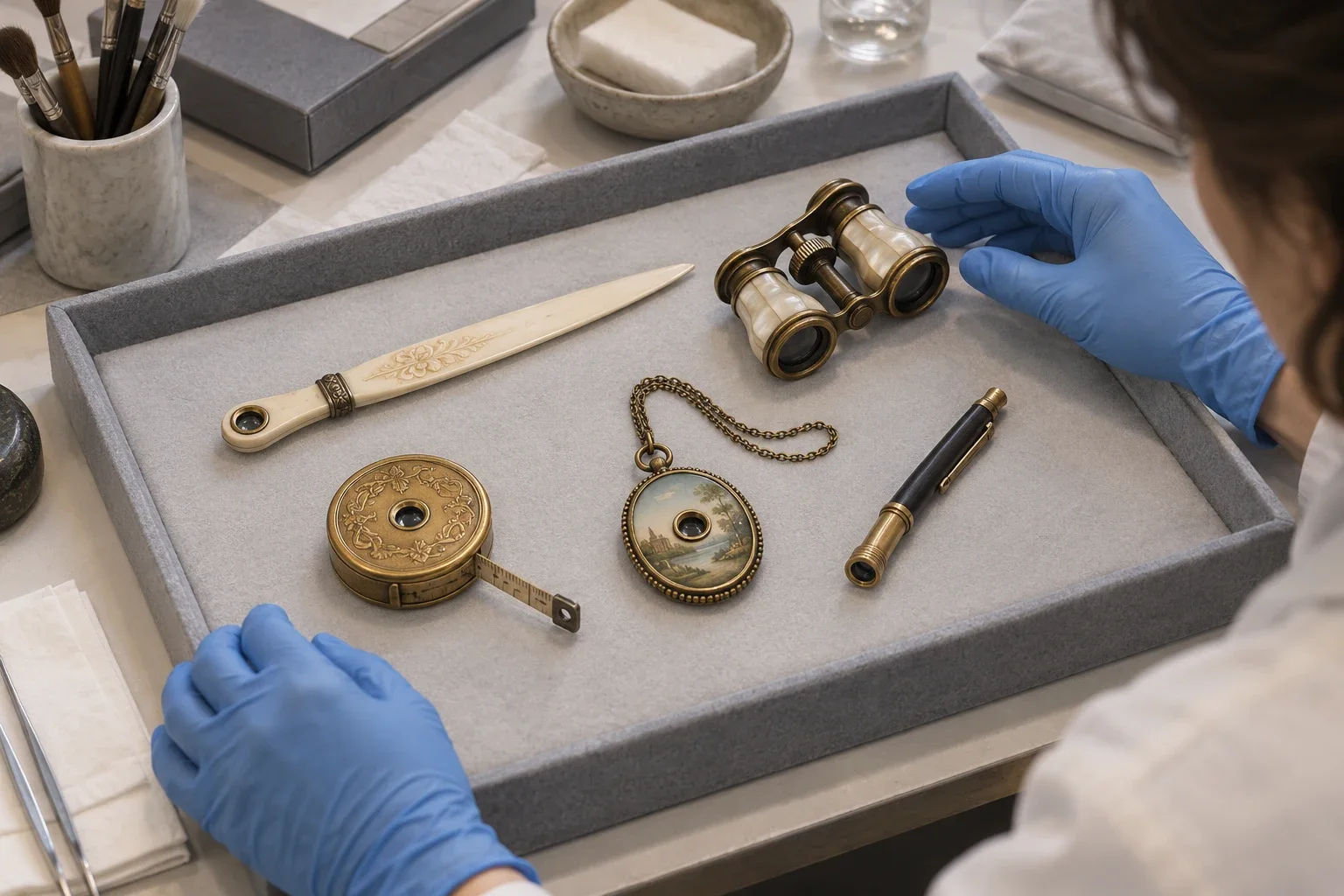 Editorial illustration of a museum conservator examining small Stanhope viewers arranged on a padded collection tray