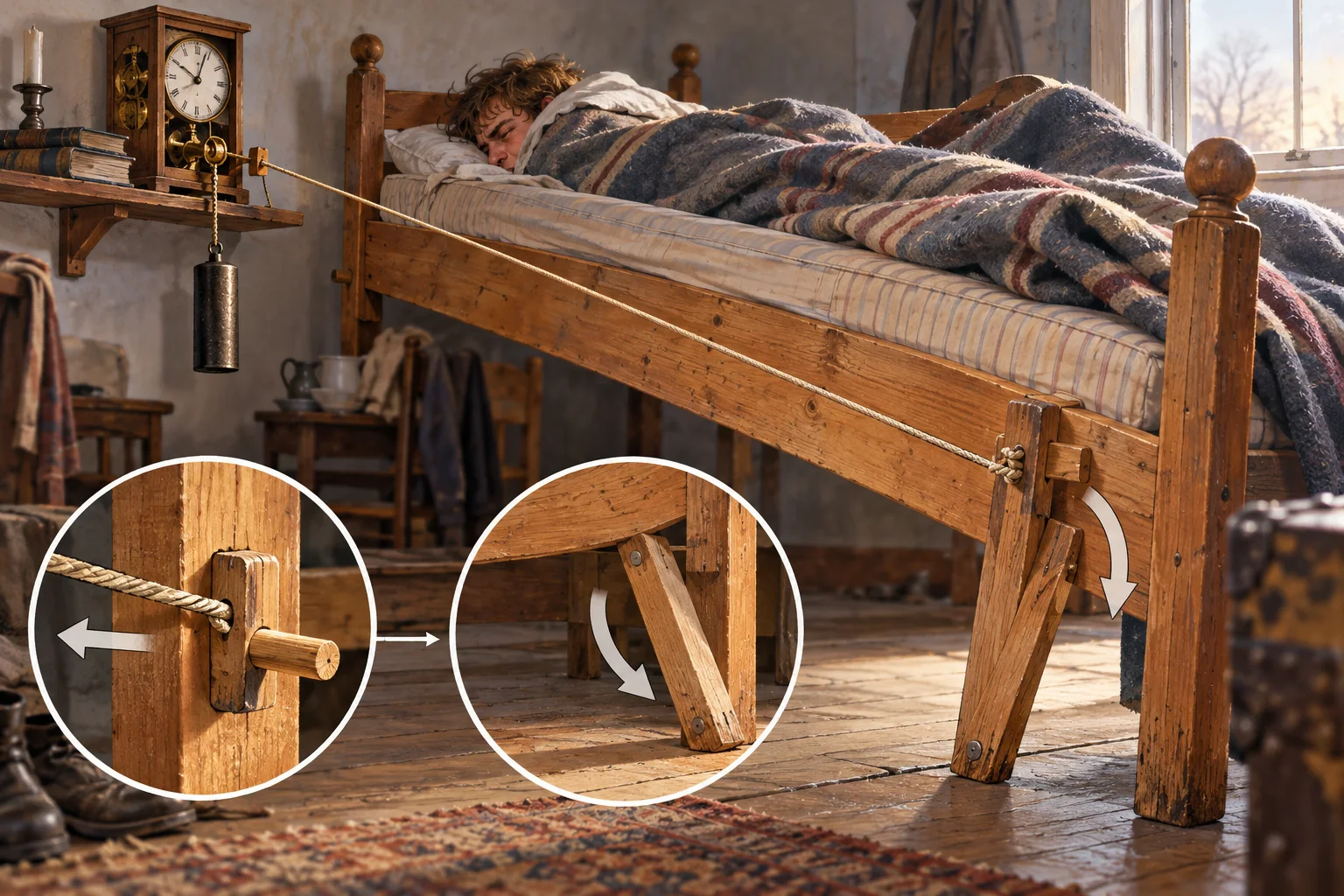 A cord and clock release a peg from the wooden brace supporting the foot of a student bed