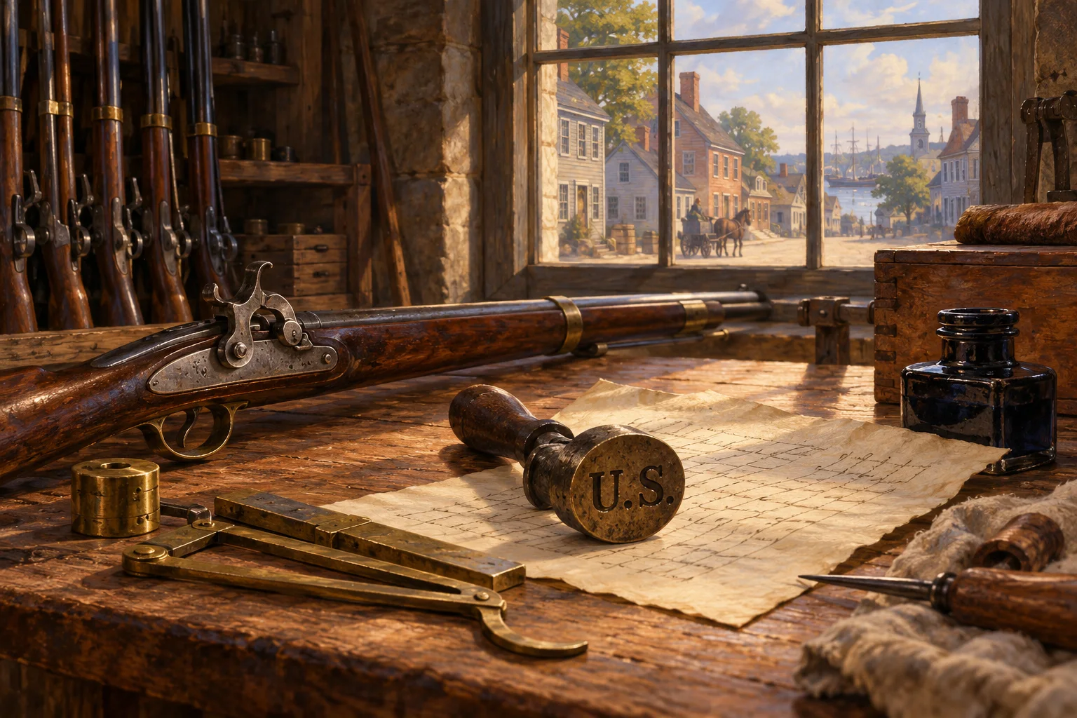 An early American armory desk with a handwritten letter and inspection tools